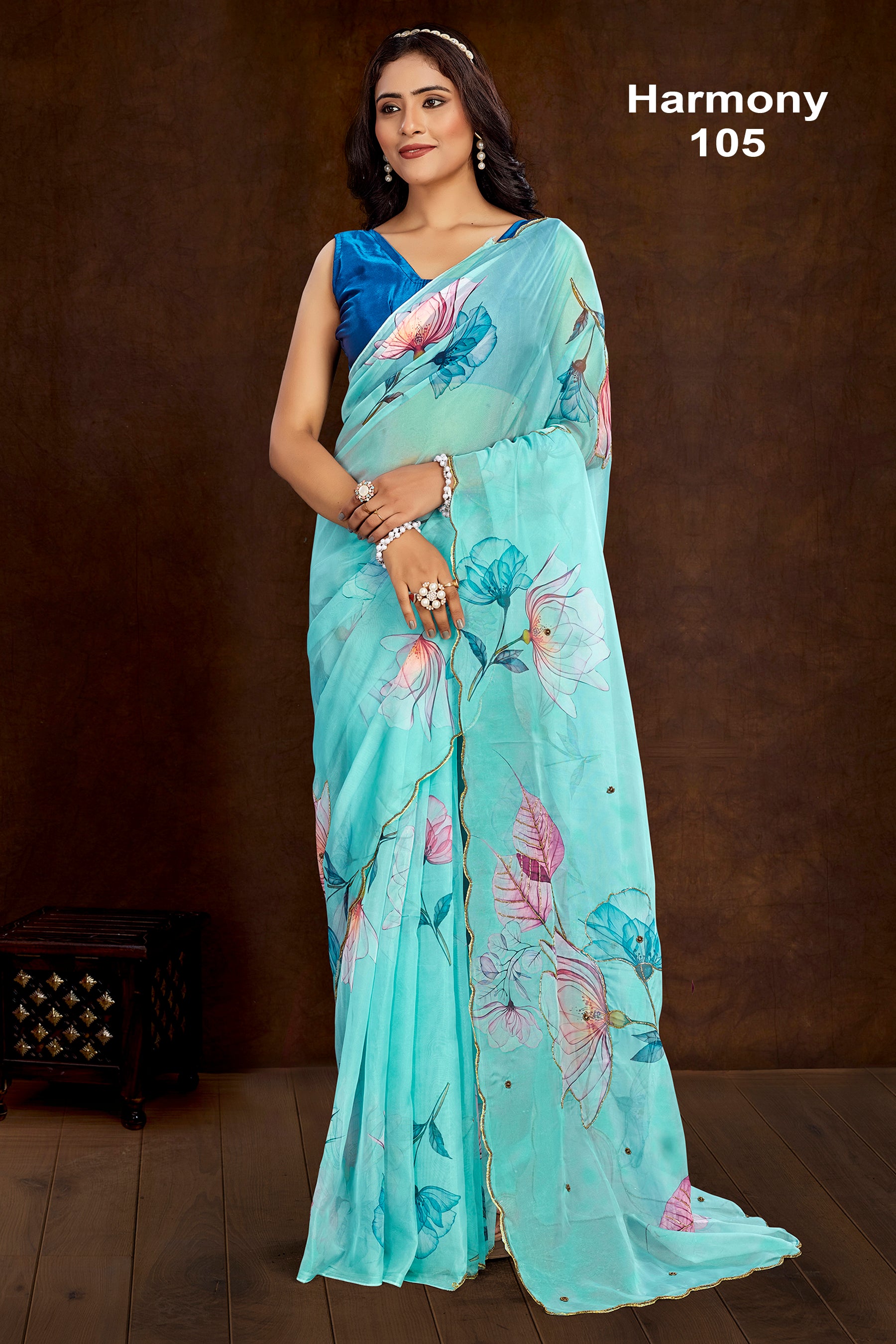 Elegant Aqua Blue Floral Organza Saree with Digital Print Design