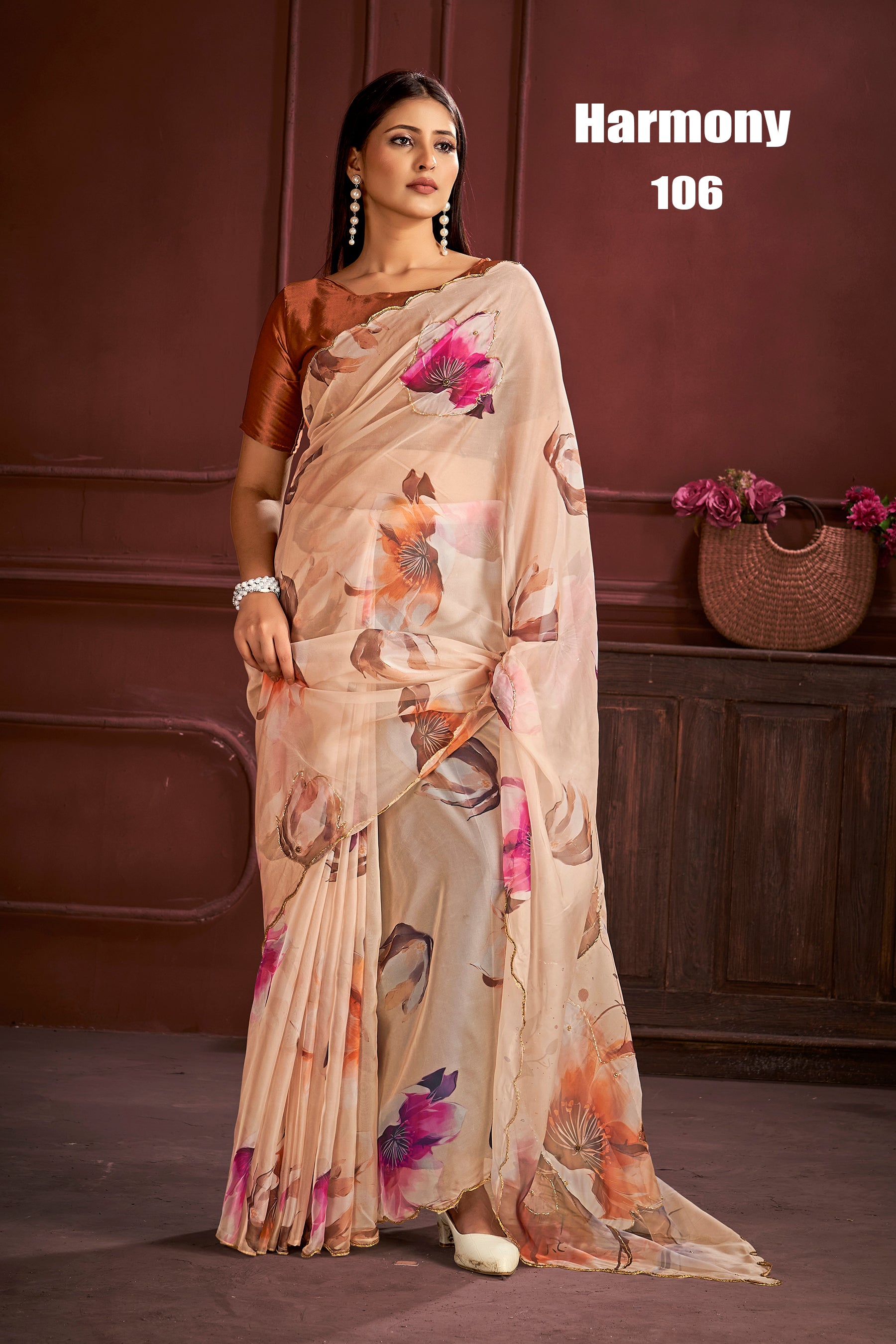 Elegant Beige Floral Organza Saree with Soft Digital Print Design