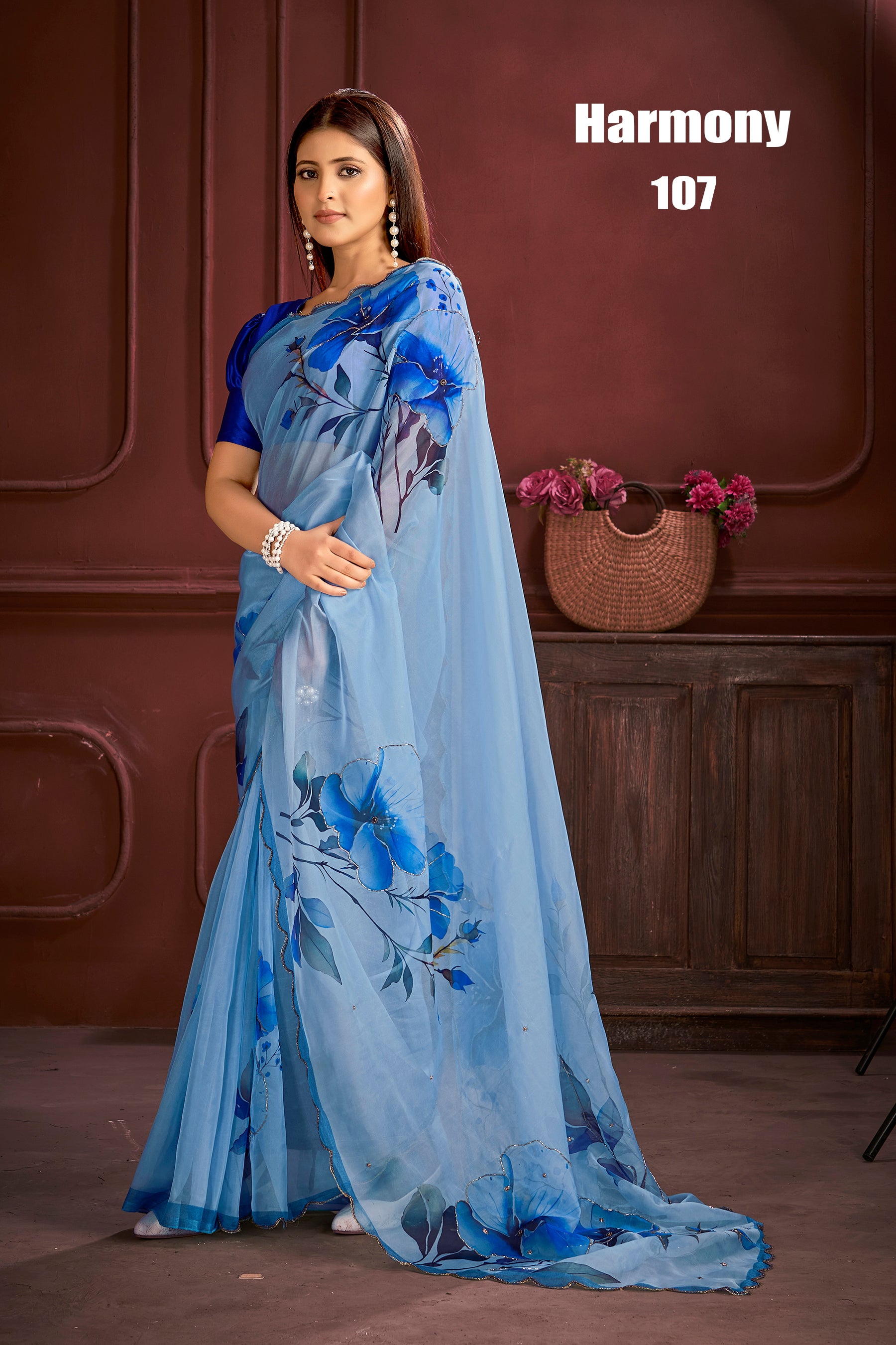 Elegant Sky Blue Floral Organza Saree with Digital Print Design