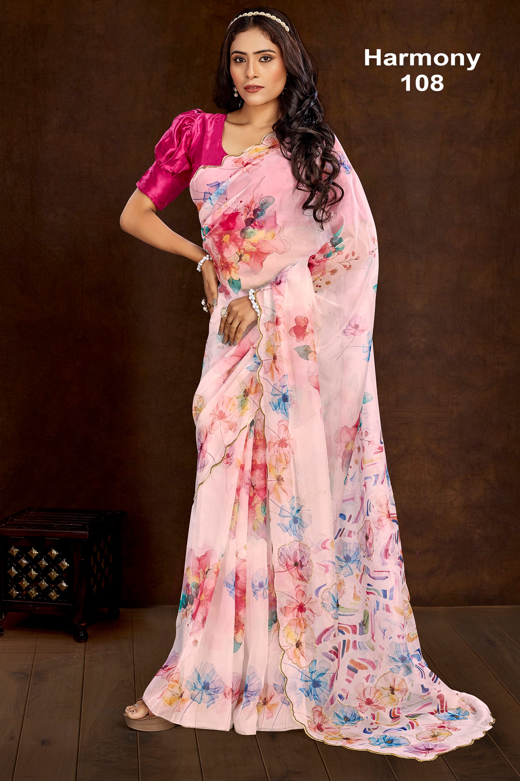 Elegant Baby Pink Floral Organza Saree with Watercolor Digital Print