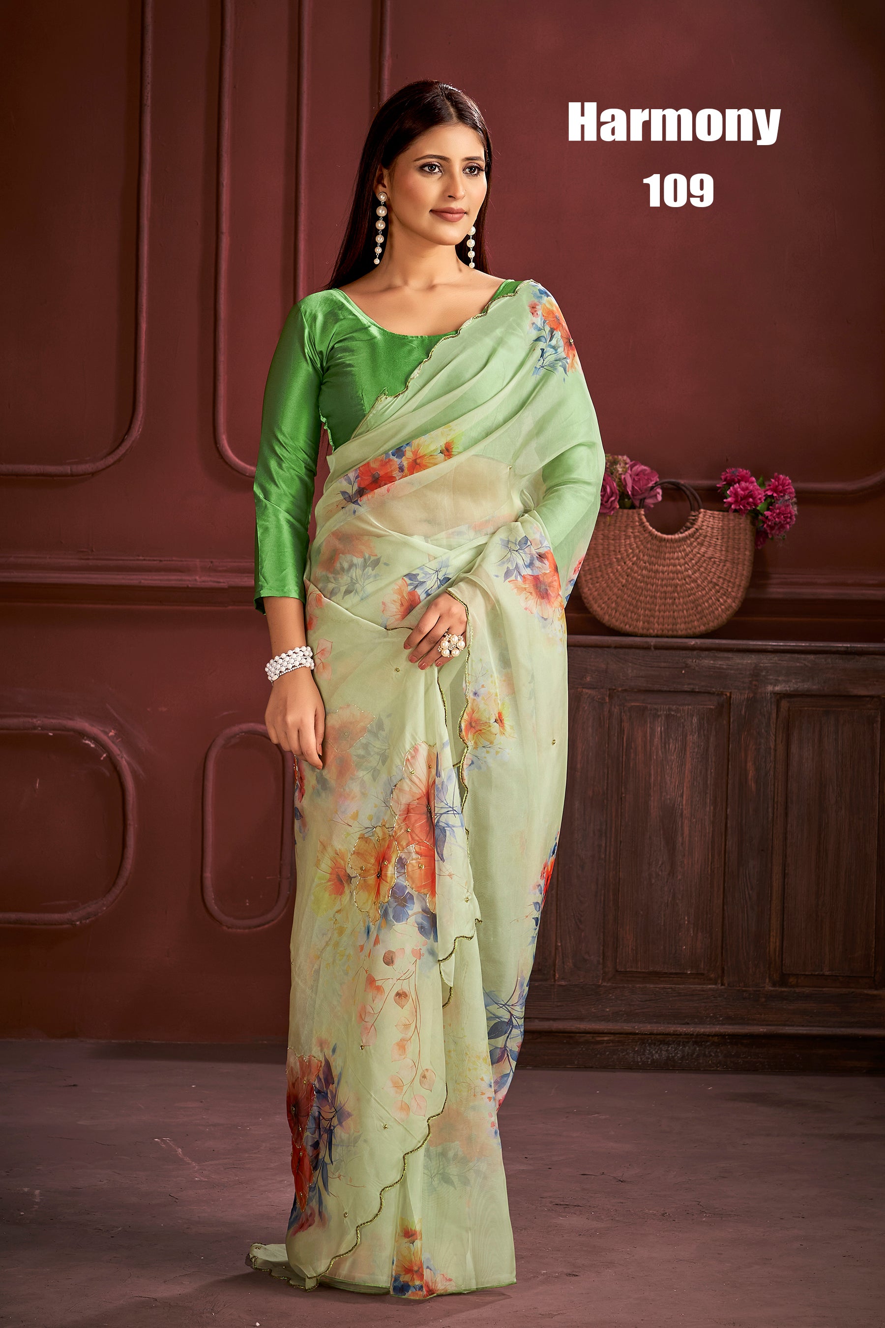 Elegant Mint Green Floral Organza Saree with Soft Digital Print Design