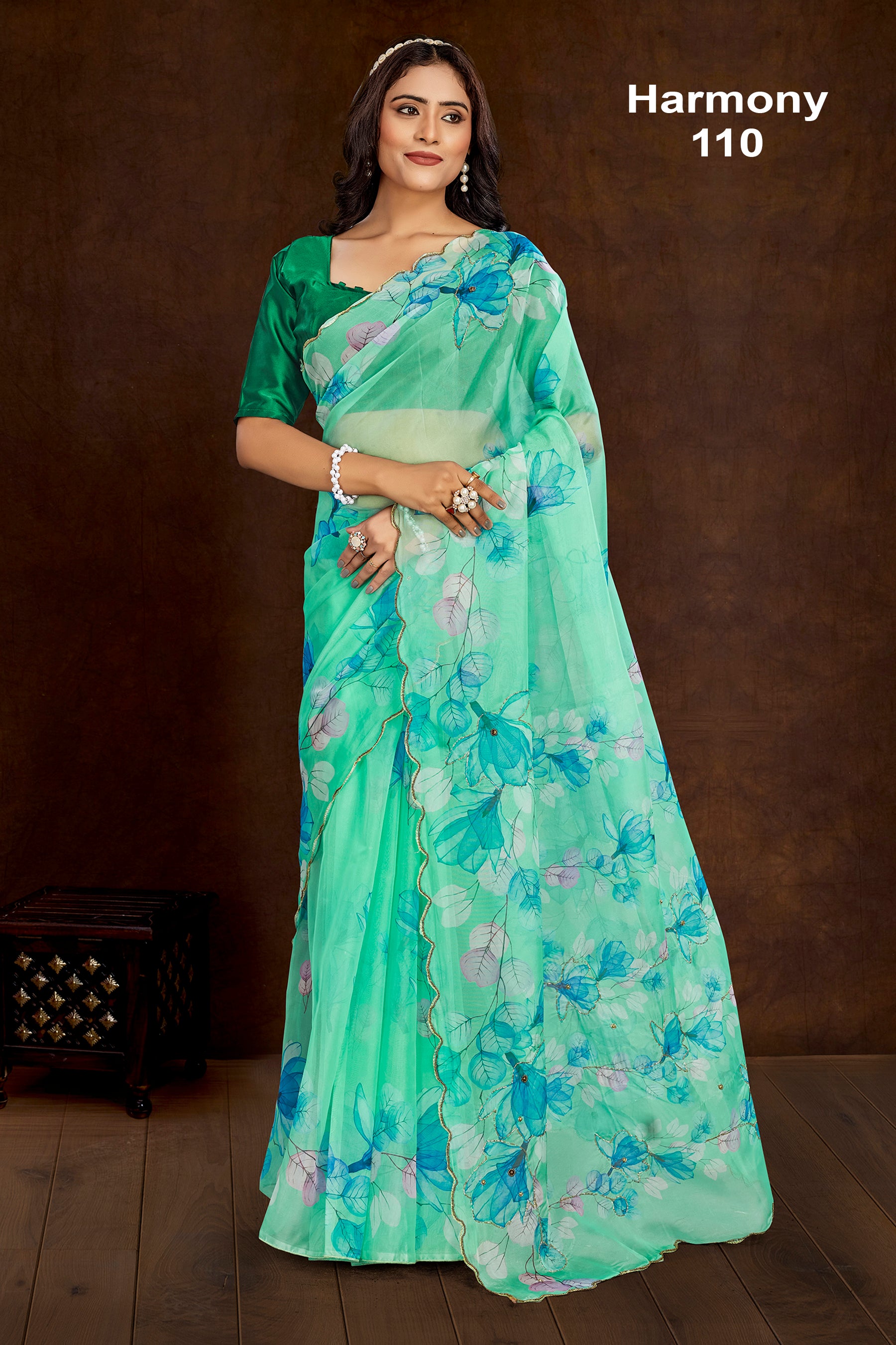 Elegant Sea Green Floral Organza Saree with Digital Print Design