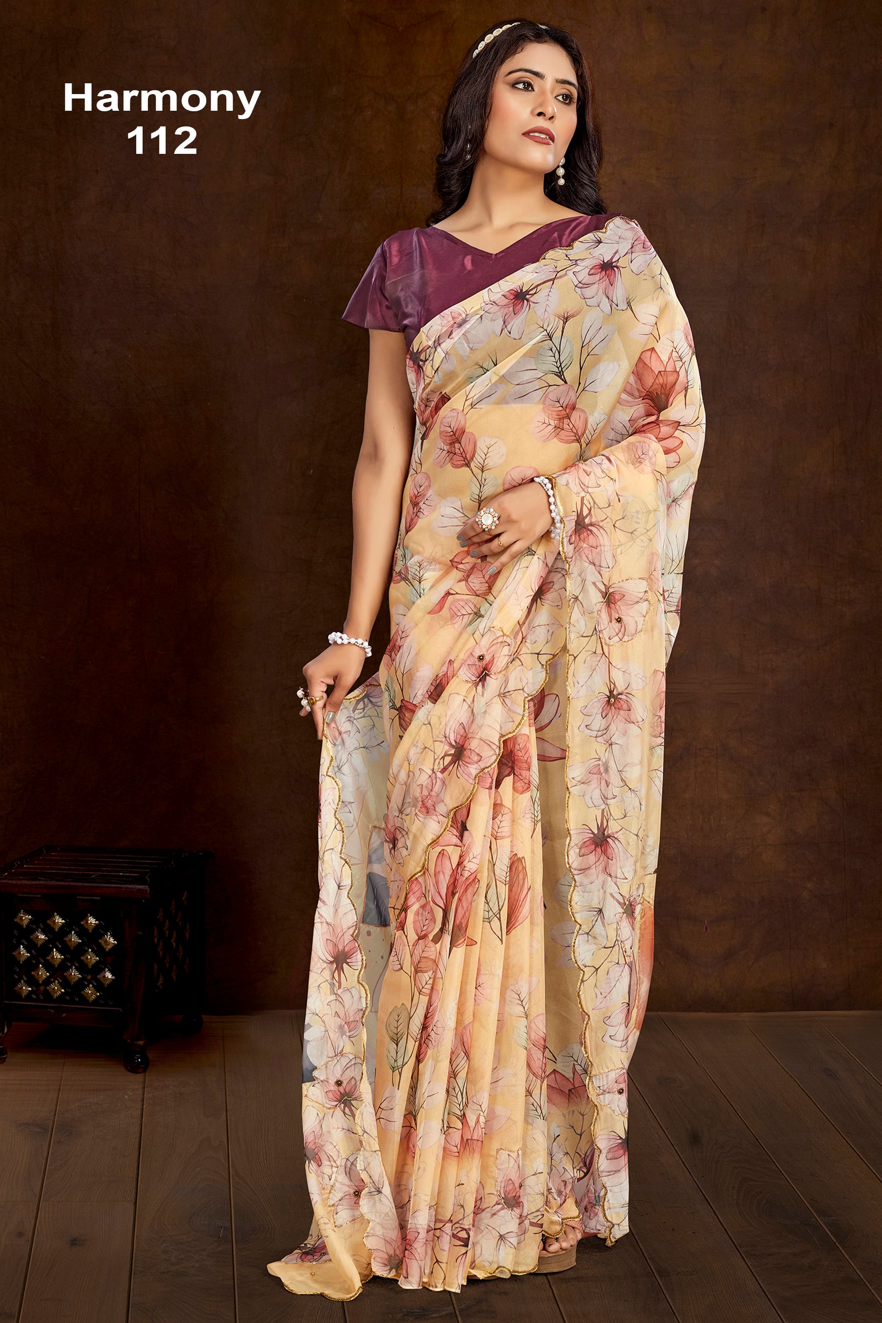 Elegant Peach Floral Organza Saree with Soft Digital Print Design