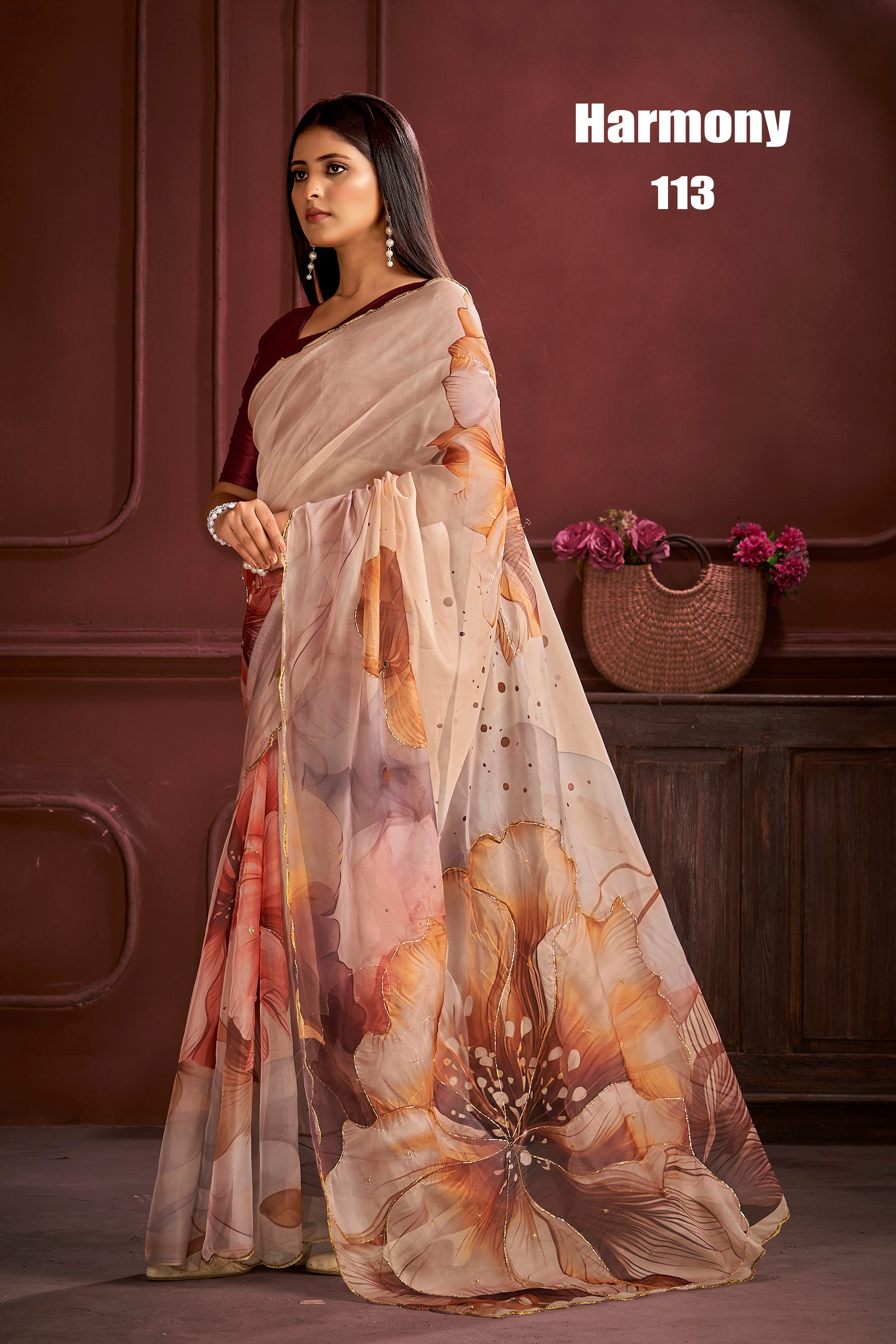 Elegant Beige Floral Organza Saree with Artistic Digital Print Design