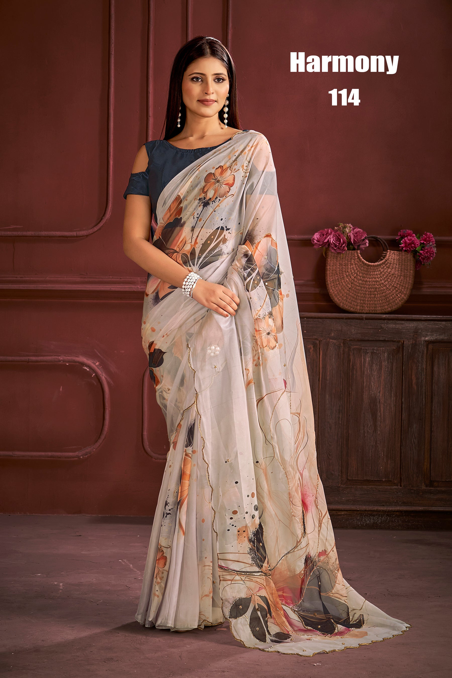 Elegant Ivory Floral Organza Saree with Abstract Digital Print Design
