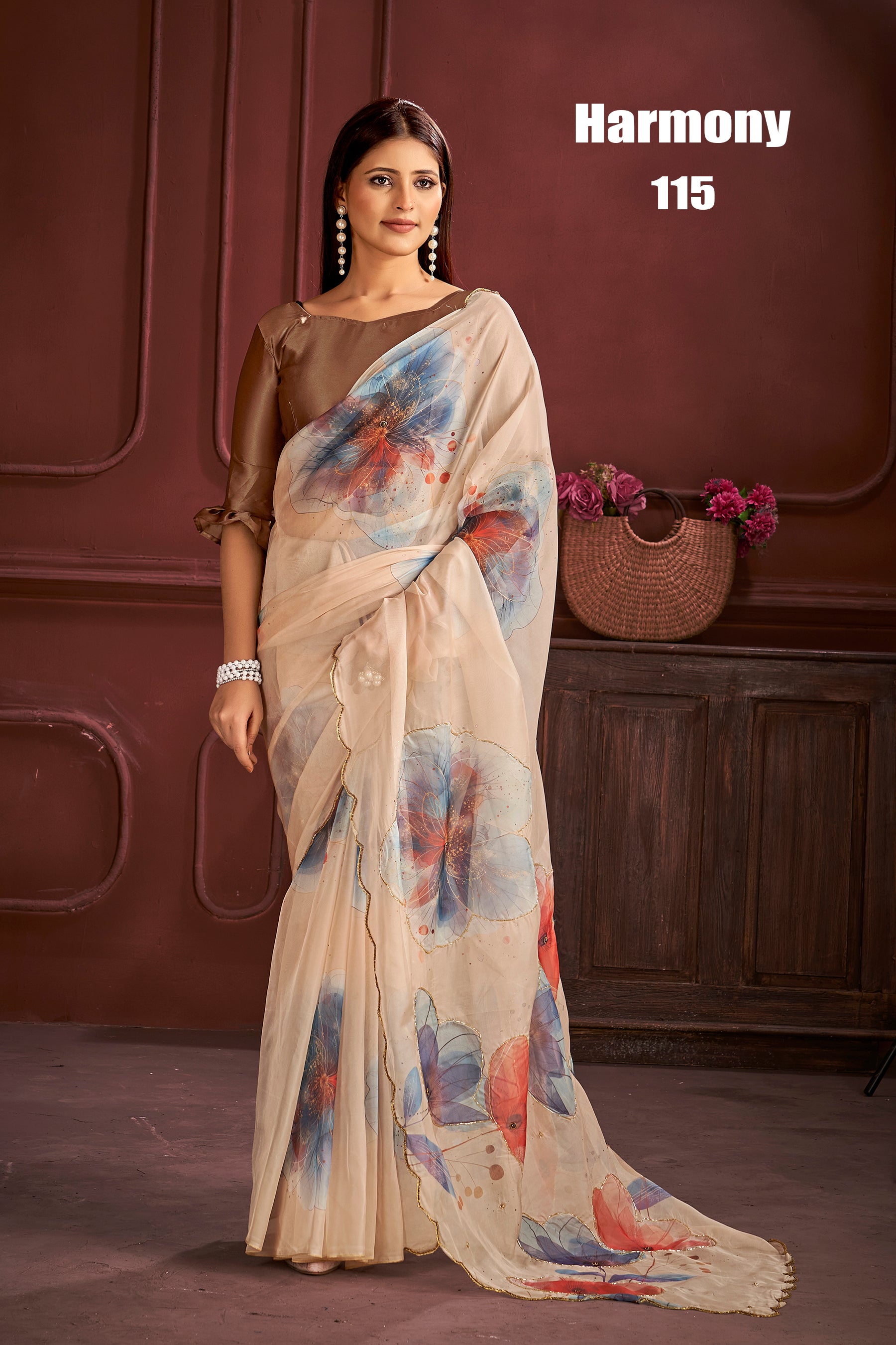 Elegant Beige Organza Saree with Artistic Floral Digital Print