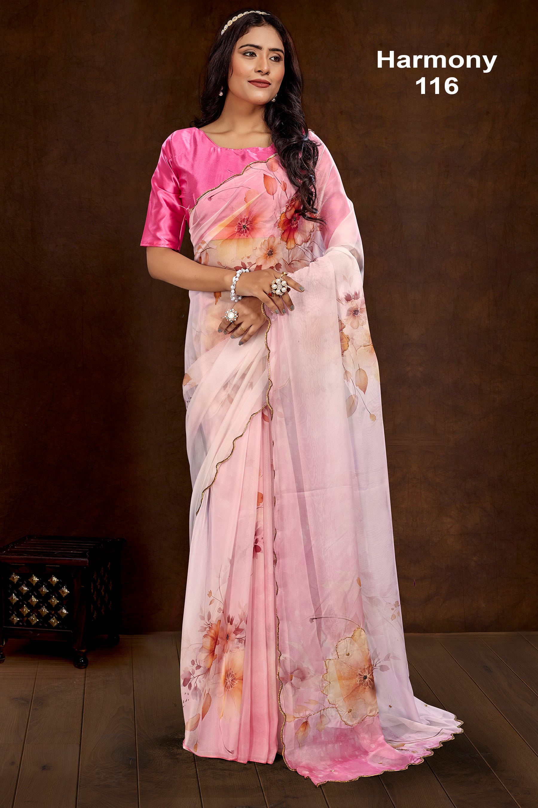Elegant Baby Pink Floral Organza Saree with Soft Digital Print