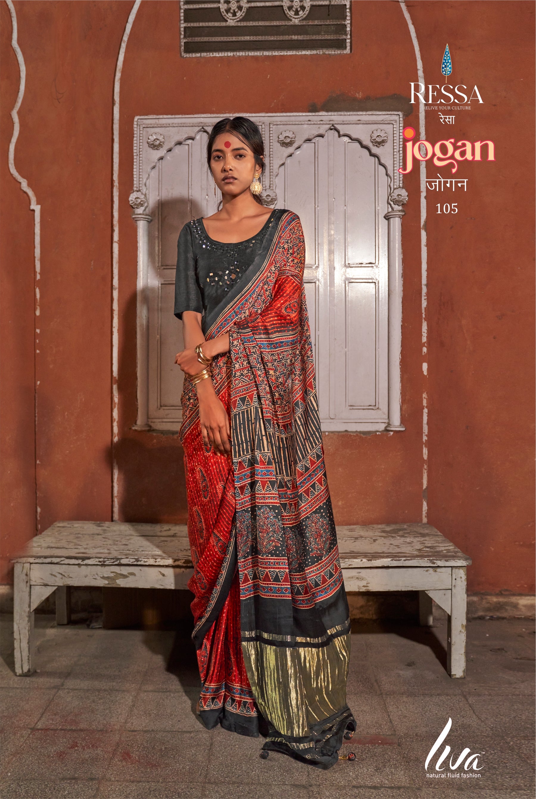 Soft Fabric Printed Saree with Lagdi Patta – mirror work blouse
