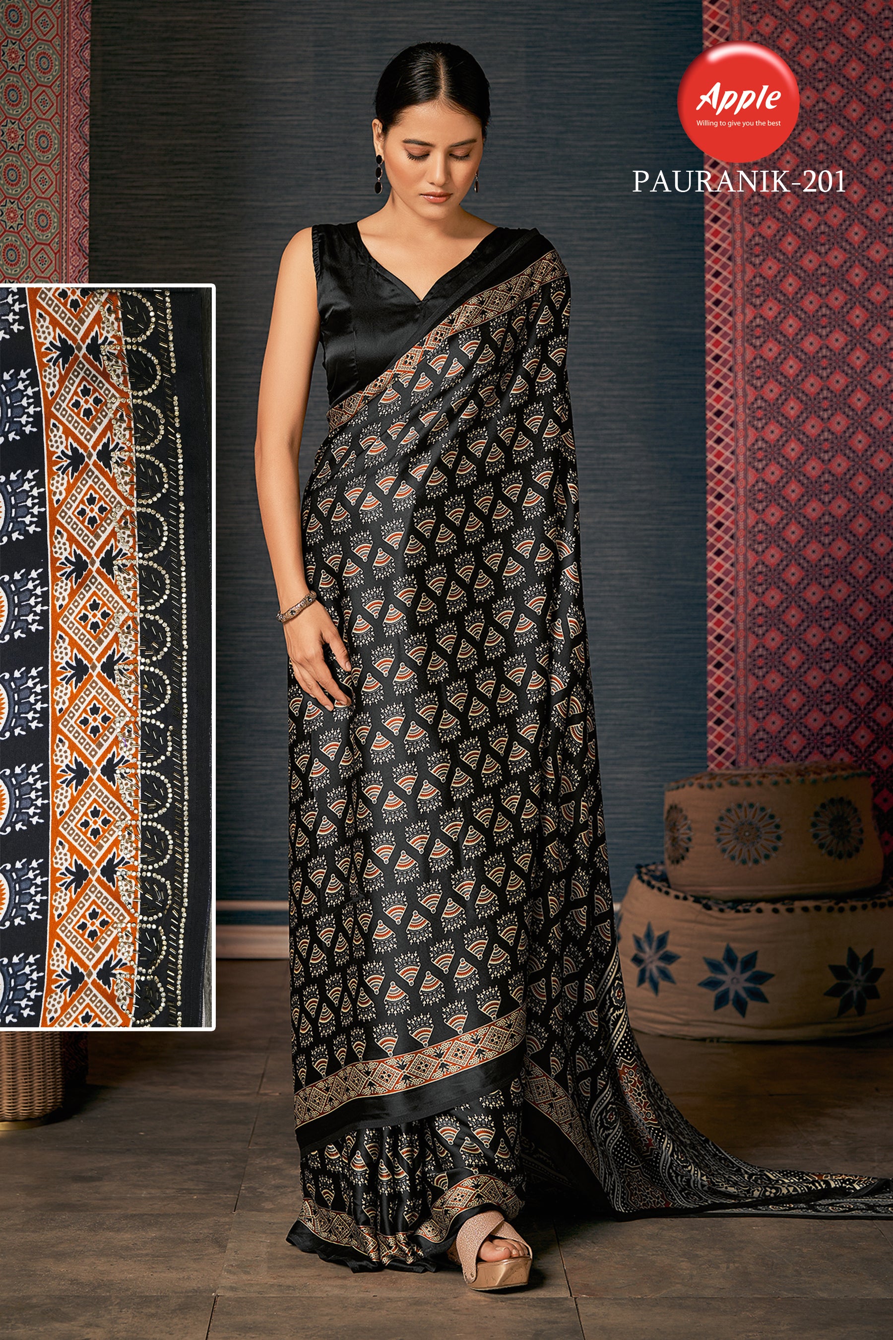 PAURANIK-Midnight Black Heritage Saree with Elegant Ajrakh-Inspired Ethnic Motifs