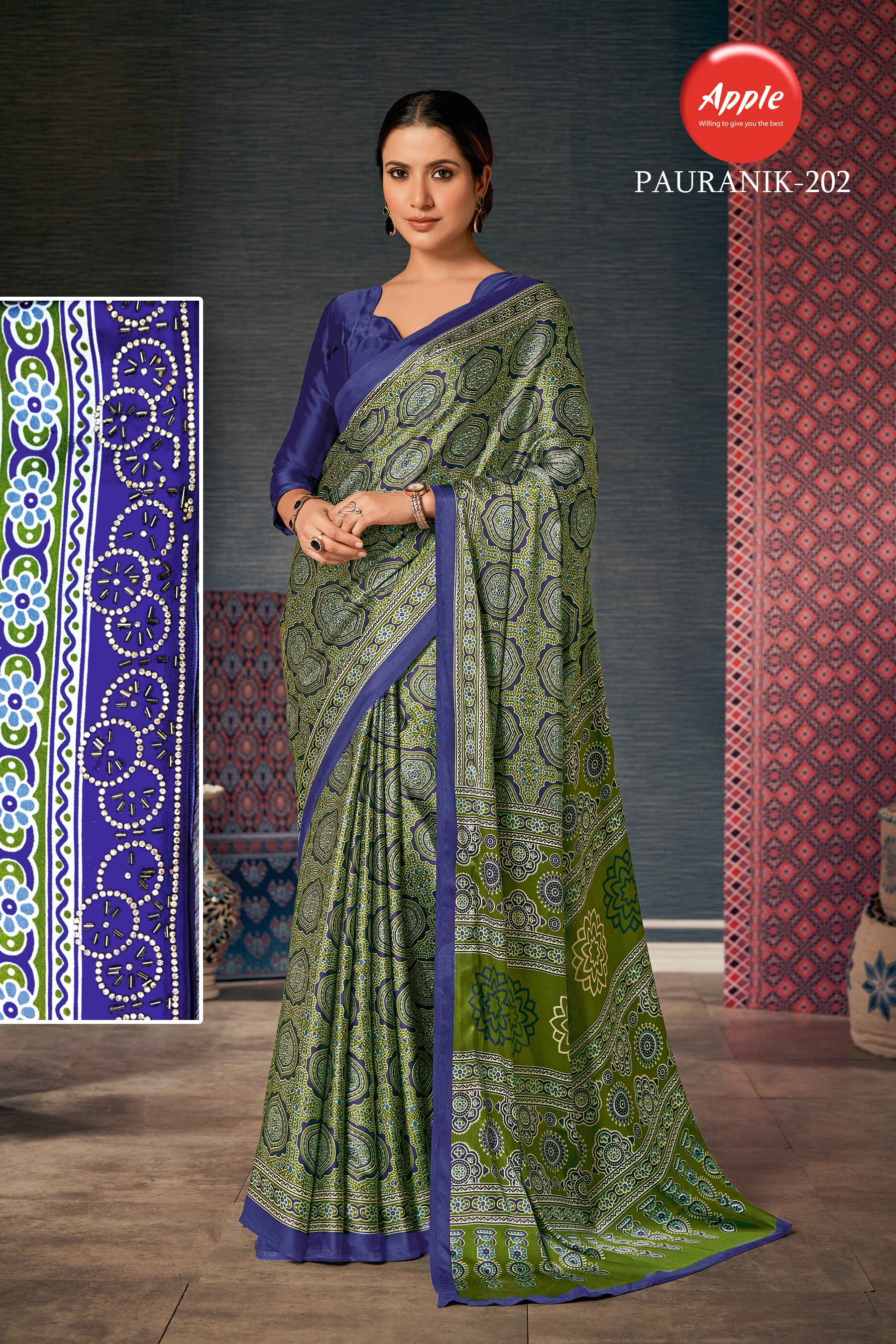 PAURANIK-Royal Olive Green Saree with Intricate Mandala-Inspired Ethnic Prints