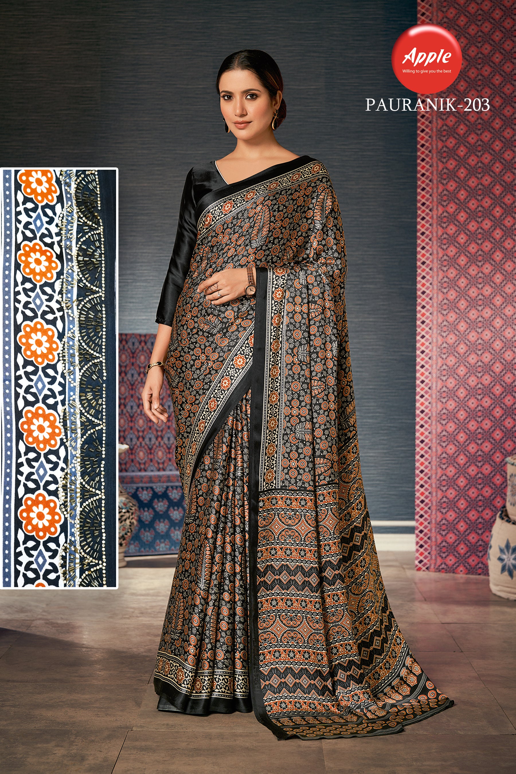 PAURANIK-Classic Black Heritage Saree with Intricate Ajrakh Floral & Geometric Prints
