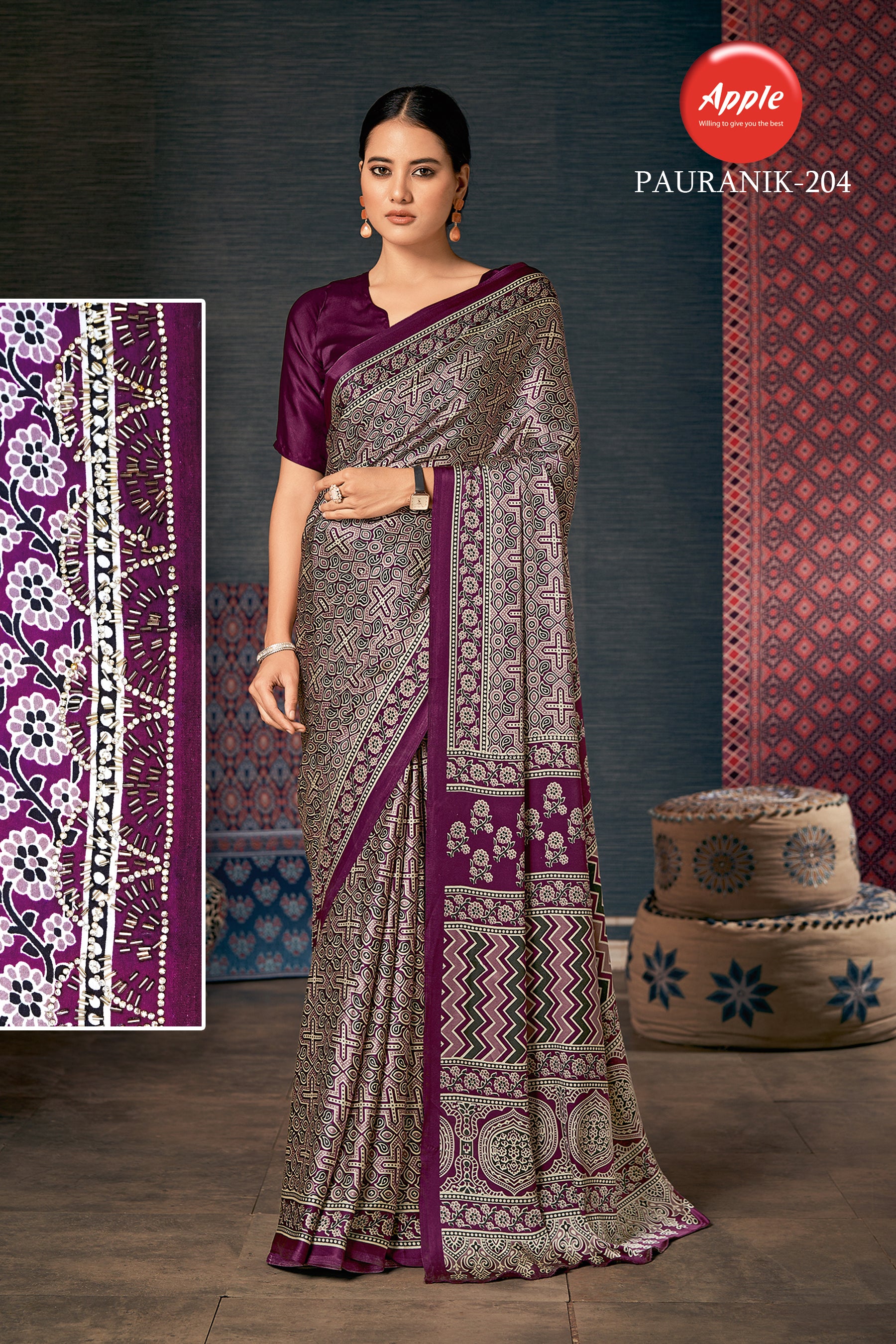 PAURANIK-Royal Wine Purple Saree with Intricate Ajrakh-Inspired Geometric Heritage Prints