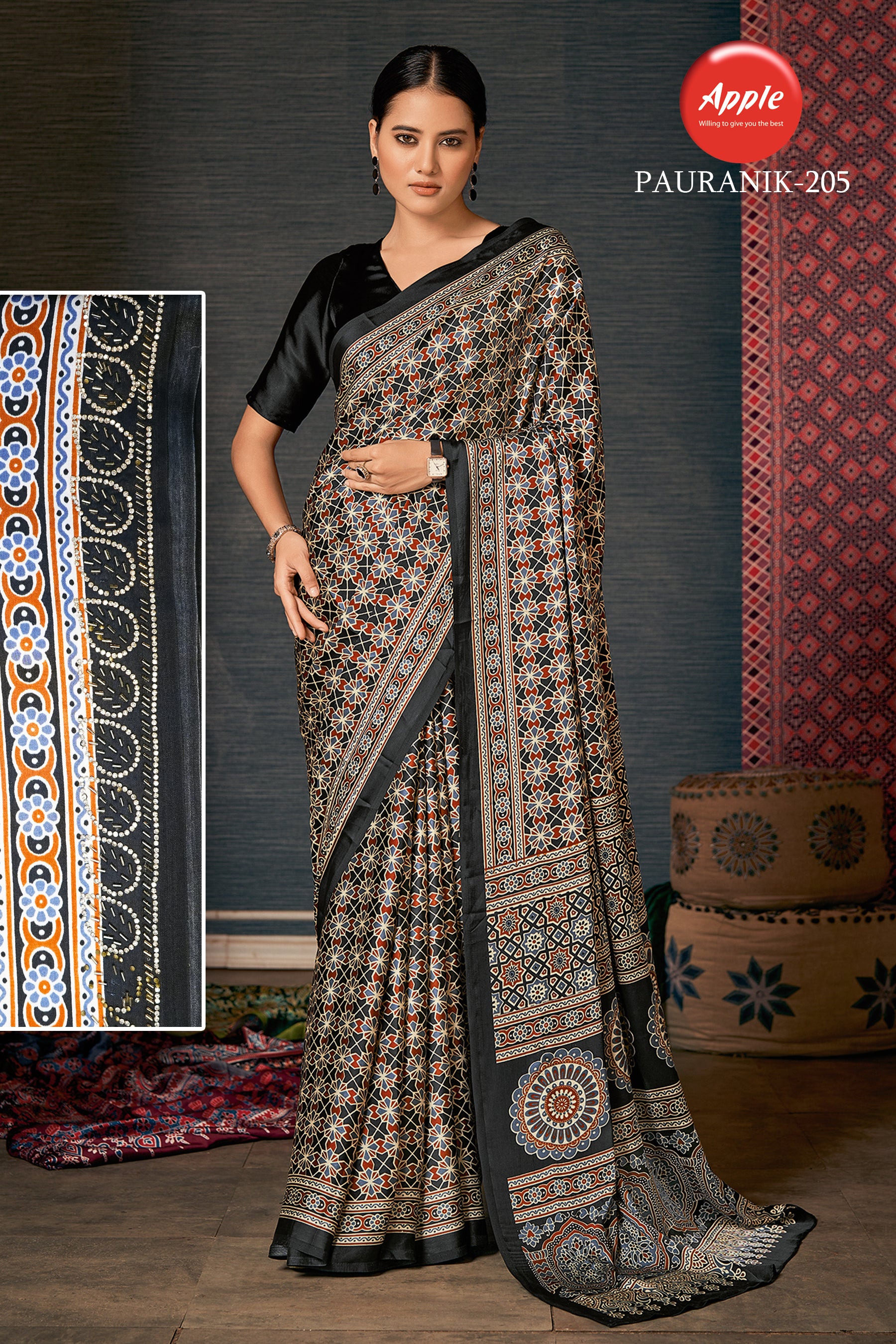 PAURANIK-Midnight Black Saree with Intricate Mosaic Floral & Heritage Border Prints
