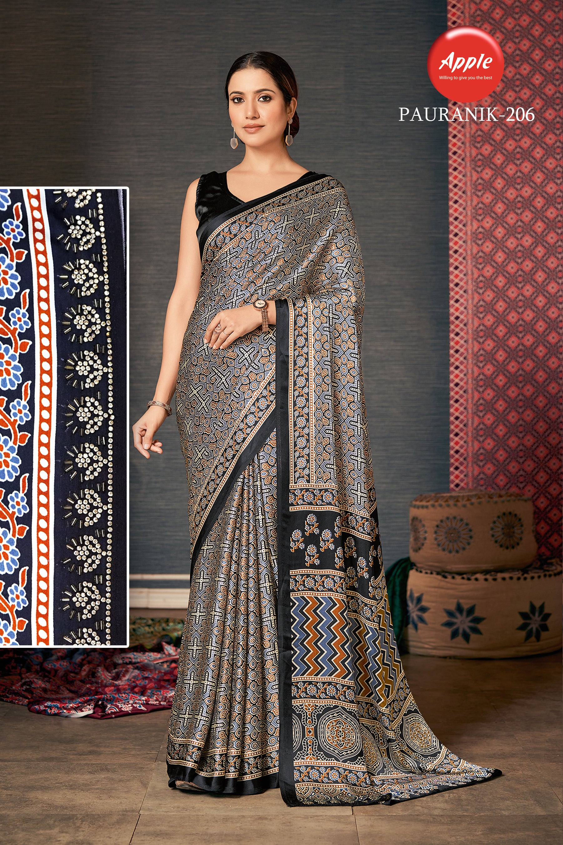 PAURANIK-Classic Black Ajrakh Saree with Intricate Geometric & Heritage Border Prints