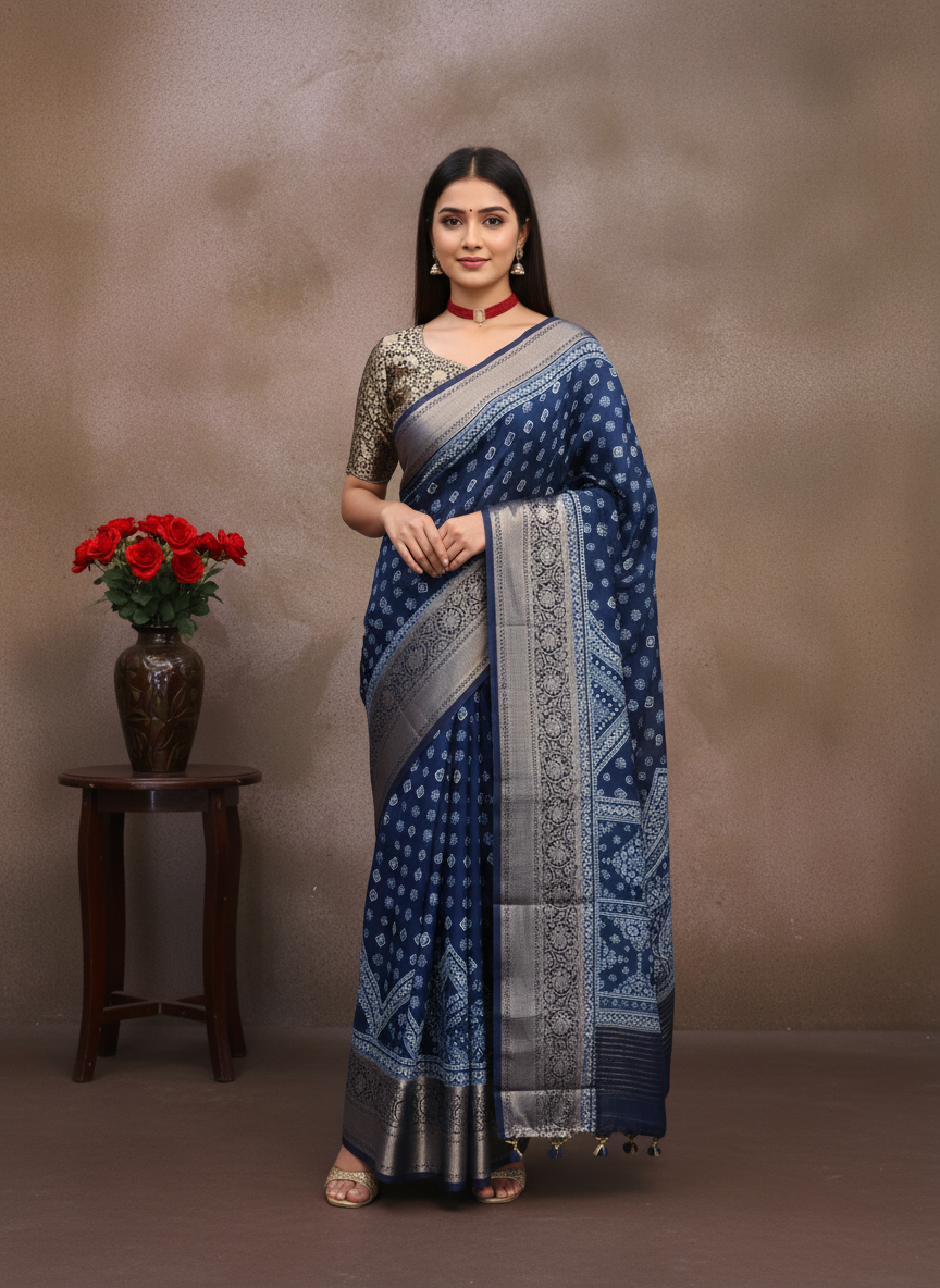 ADHIRA-Elegant navy blue saree with intricate silver woven ethnic motifs all over