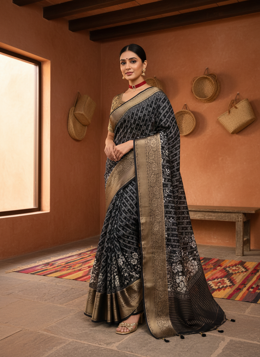 ADHIRA-Elegant Black Designer Saree with Antique Gold Zari Border and Intricate Geometric Floral Ethnic Weave Pattern