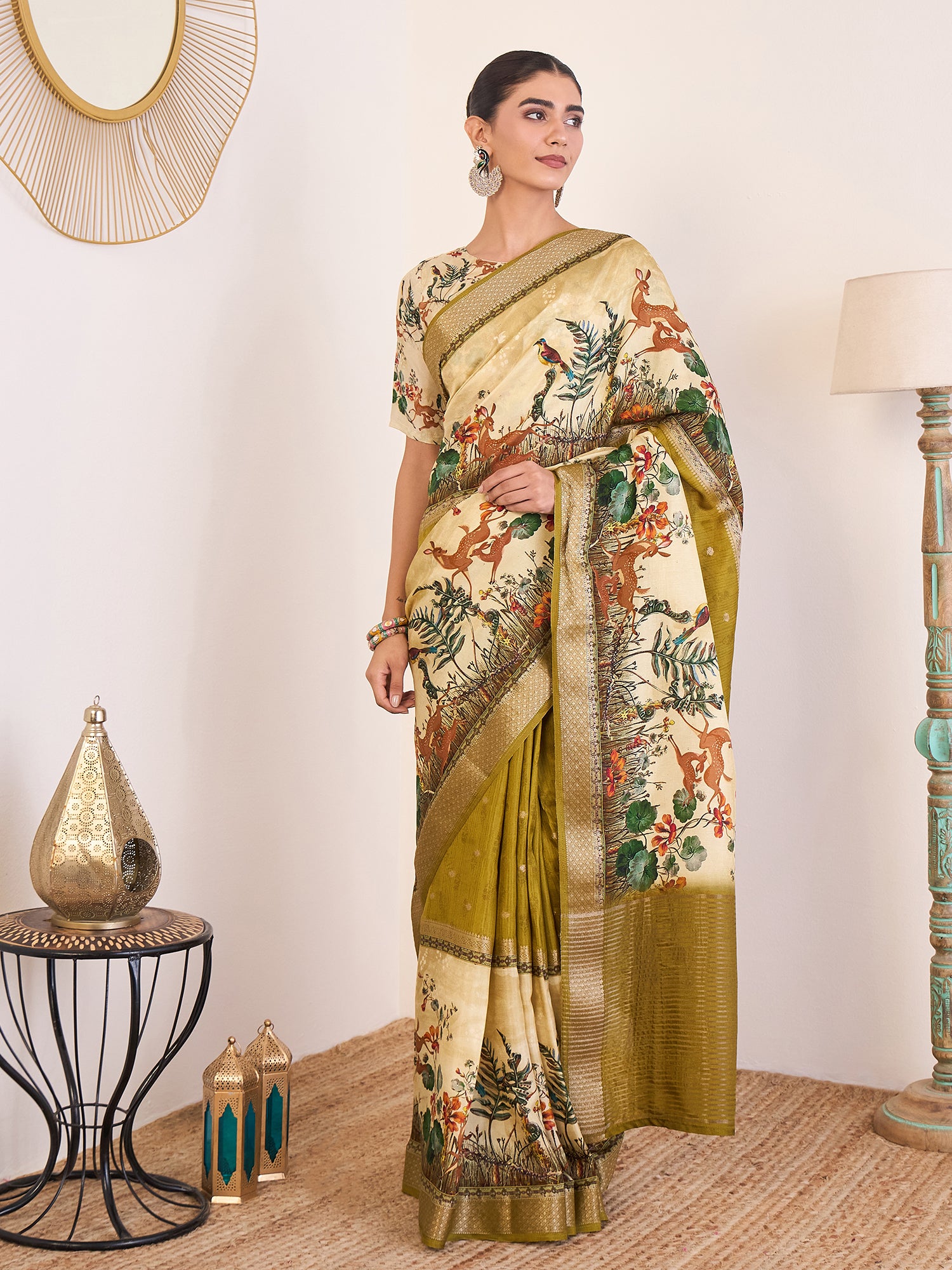 RIWAAYAT-Olive Green Forest Tale Designer Saree with Artistic Wildlife Print