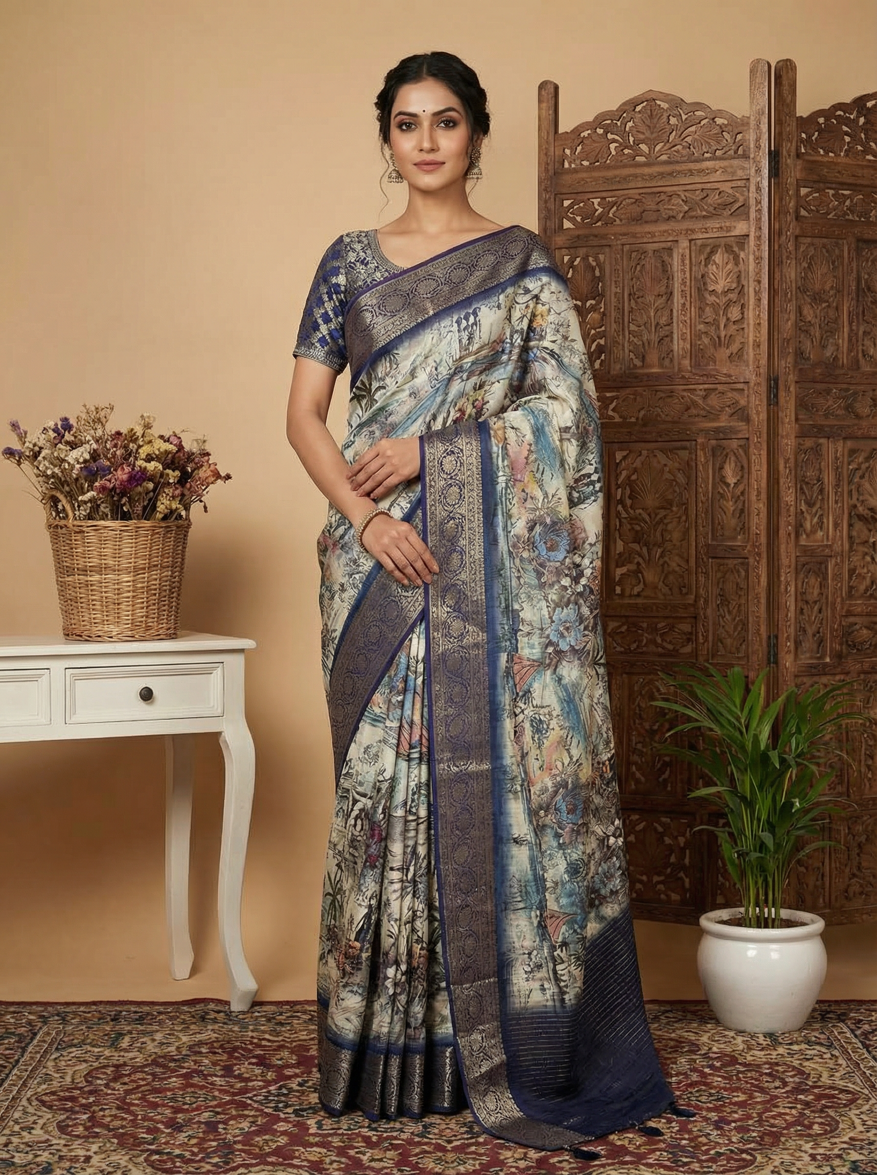 ADHIRA-Elegant Cream & Blue Artistic Printed Silk Saree with Rich Zari Border and Scenic Floral Design – Traditional Festive Wear Ethnic Saree for Women with Designer Pallu & Woven Blouse Piece