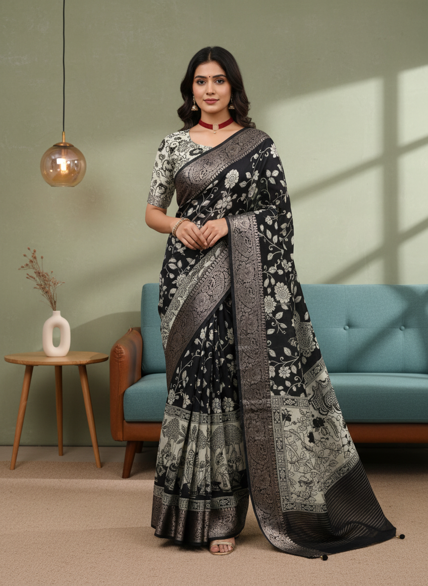 ADHIRA-Royal Black & Silver Floral Printed Saree with Intricate Ethnic Border and Artistic Heritage Pallu