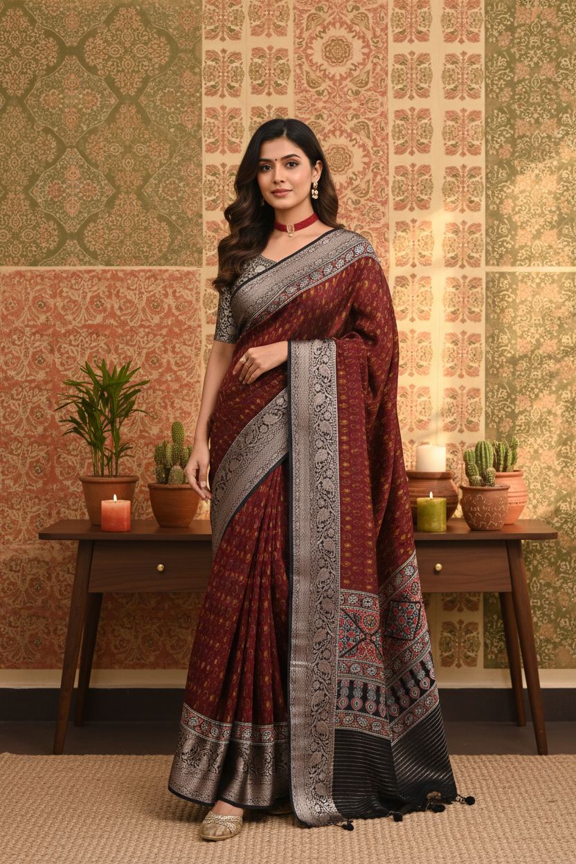 ADHIRA-Elegant Maroon Banarasi Printed Silk Saree with Rich Silver Zari Border & Traditional Ethnic Woven Pallu – Designer Festive Wear Saree for Women with Intricate Heritage Motifs and Tassel Detailing