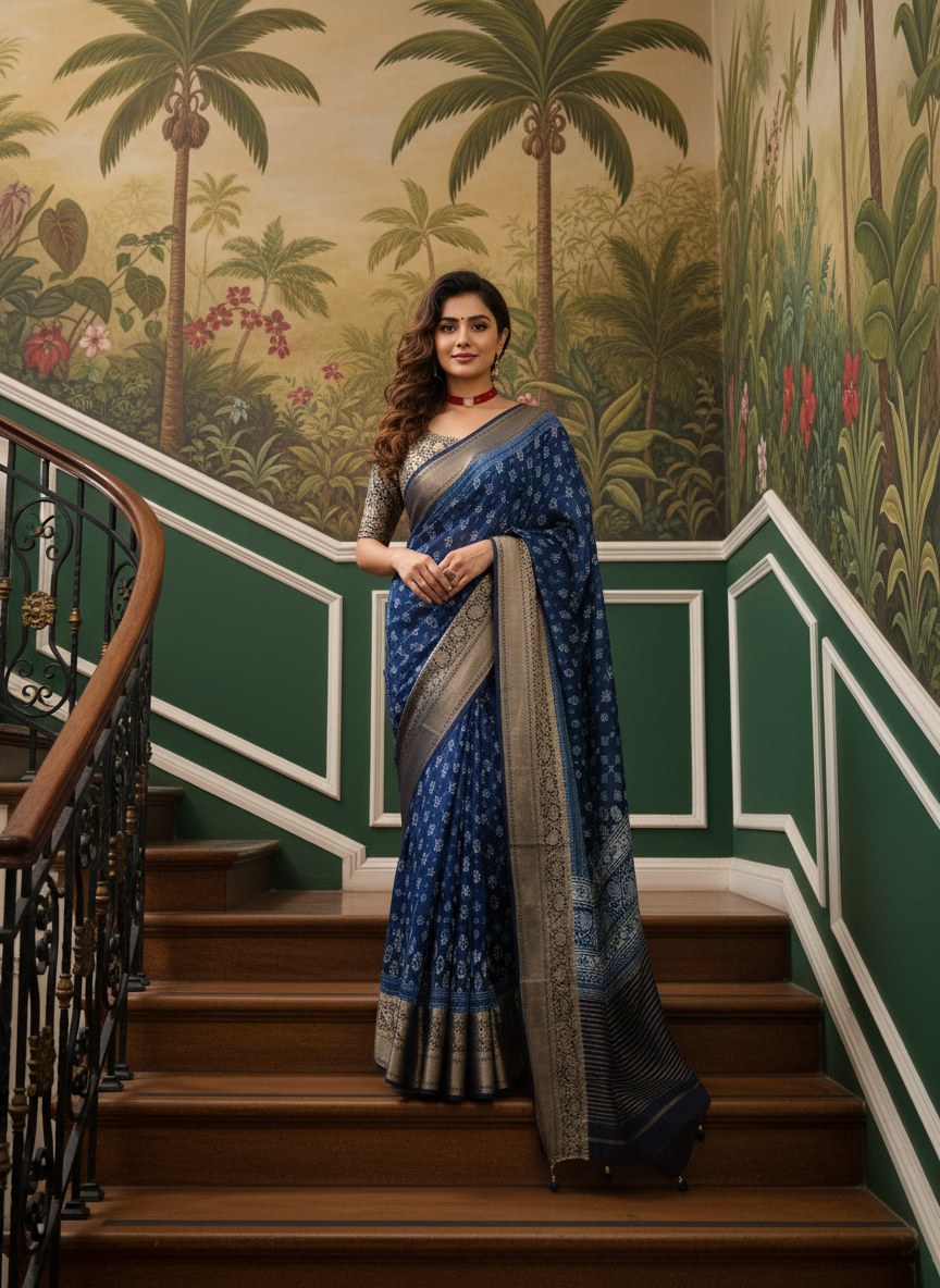 ADHIRA-Elegant Royal Blue Traditional Saree with Intricate Buti Prints, Rich Antique Zari Border and Designer Pallu for Festive & Wedding Wear