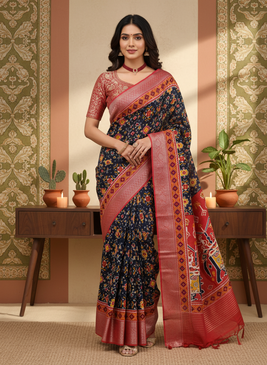 ADHIRA-Elegant Navy Blue Floral Printed Silk Saree with Rich Red Zari Border & Traditional Ethnic Pallu – Designer Festive Wear Saree for Women with Intricate Multicolor Motifs and Woven Blouse Piece
