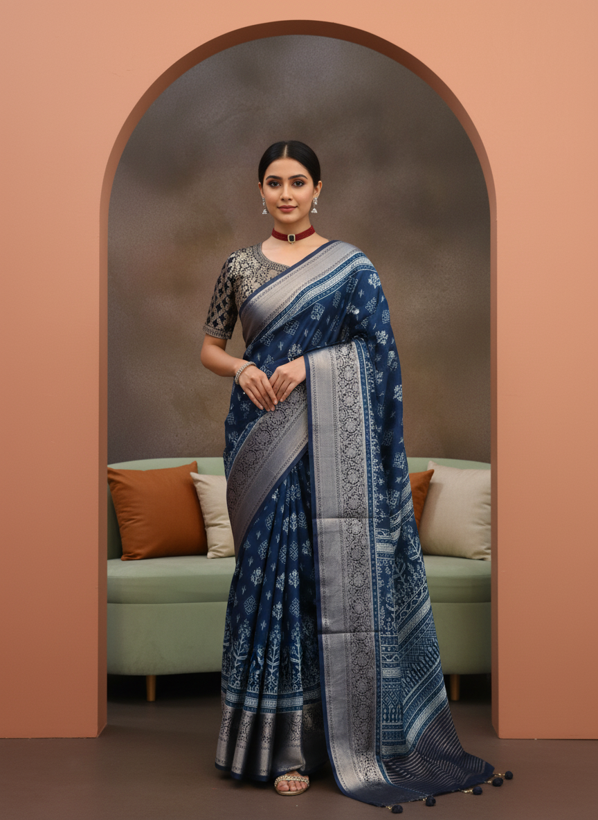 ADHIRA-Elegant Navy Blue Traditional Saree with Intricate Silver Buti Motifs, Rich Woven Zari Border and Designer Pallu for Festive & Ethnic Wear