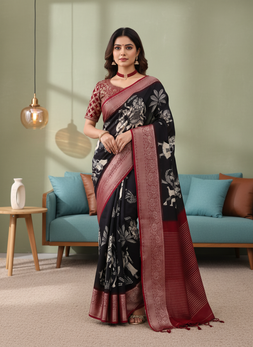 ADHIRA-Elegant Black Traditional Saree with Maroon Zari Border and Artistic Tribal Folk Print Design