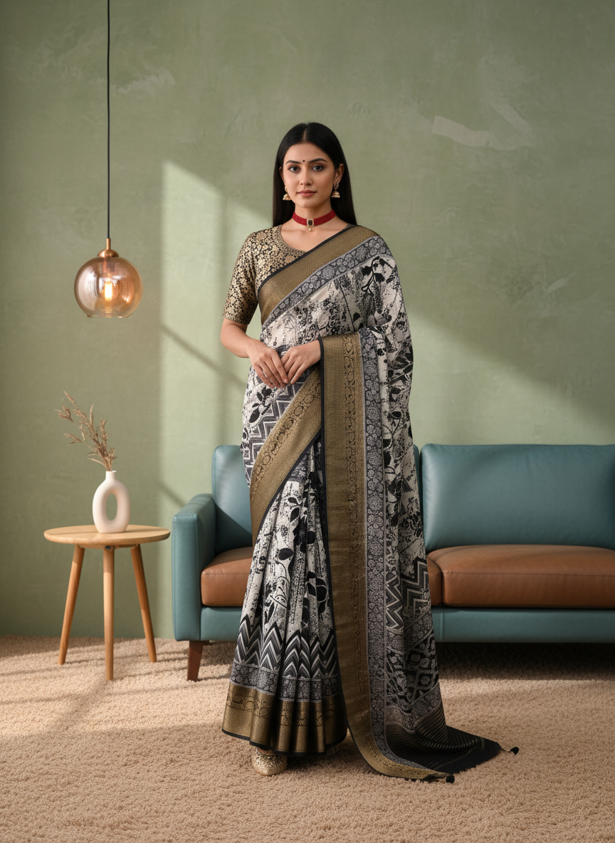 ADHIRA-Elegant Black & White Designer Saree with Abstract Floral Prints, Rich Antique Gold Zari Border and Contemporary Ethnic Pallu for Festive & Party Wear