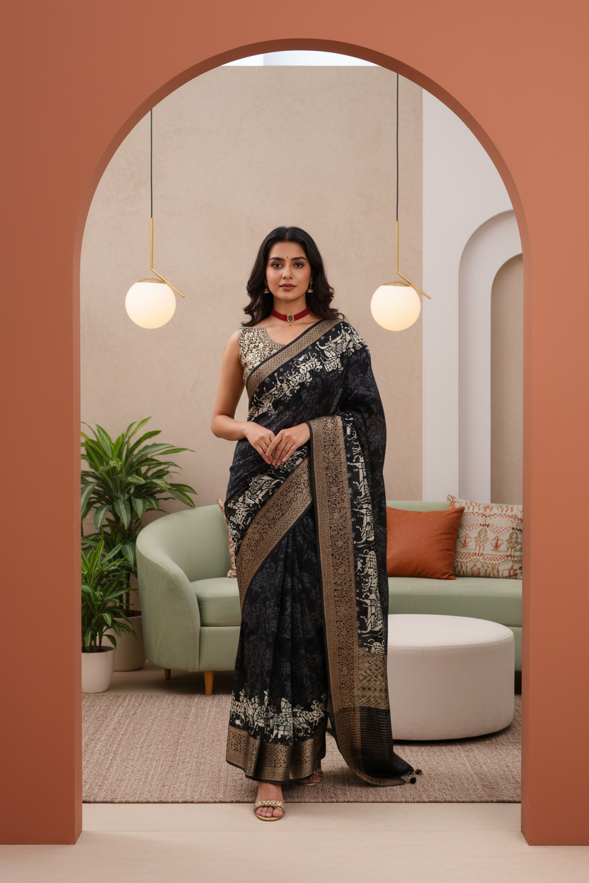 ADHIRA-Elegant black saree featuring intricate ivory ethnic and tribal-inspired prints