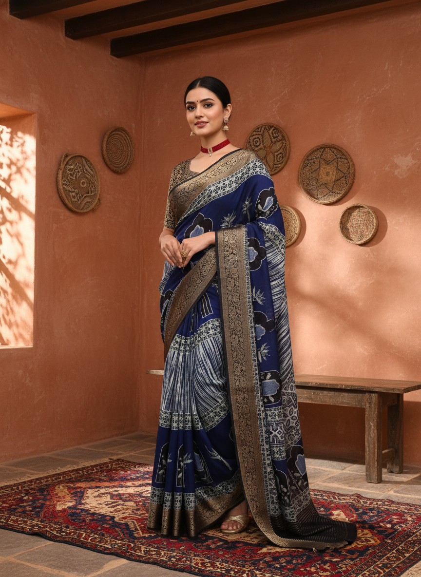 ADHIRA-Royal Navy Blue Designer Saree with Intricate Ethnic Floral Prints and Antique Zari Woven Border for Festive & Traditional Wear