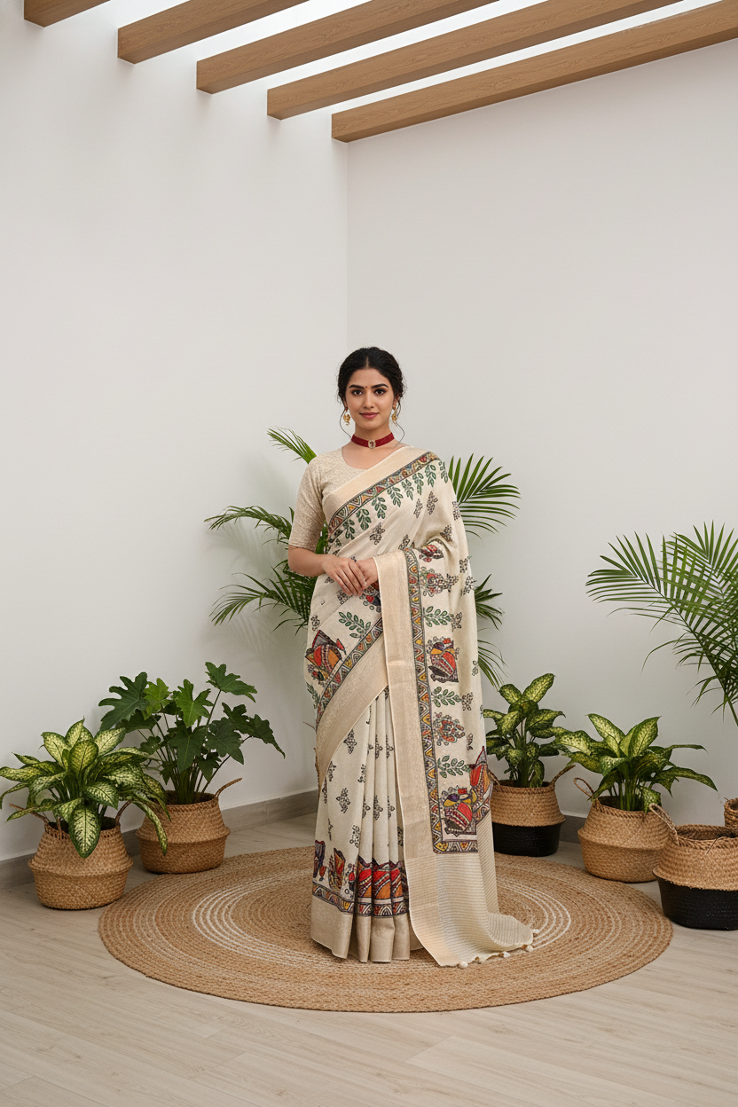 ADHIRA-Elegant Off-White Madhubani Inspired Printed Saree with Traditional Folk Art Border and Graceful Ethnic Designer Pallu