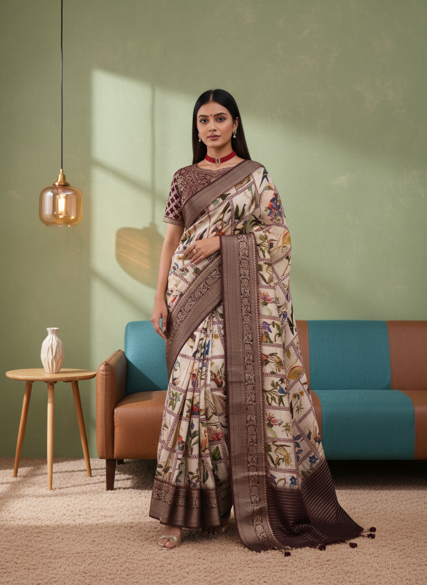 ADHIRA-Elegant Ivory White Artistic Printed Silk Saree with Rich Coffee Brown Zari Border & Nature-Inspired Botanical Motifs – Designer Festive Wear Ethnic Saree for Women with Intricate Woven Pallu and Tassel Detailing