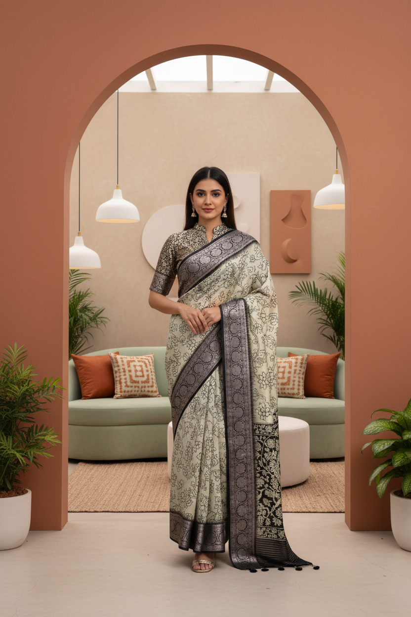 ADHIRA-Rich contrasting black woven border with detailed ethnic motifs for a regal finish