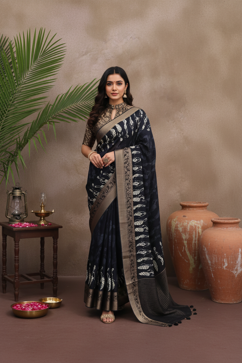 ADHIRA-Royal Black Handcrafted Leaf Print Saree with Antique Gold Woven Border and Elegant Ethnic Designer Pallu