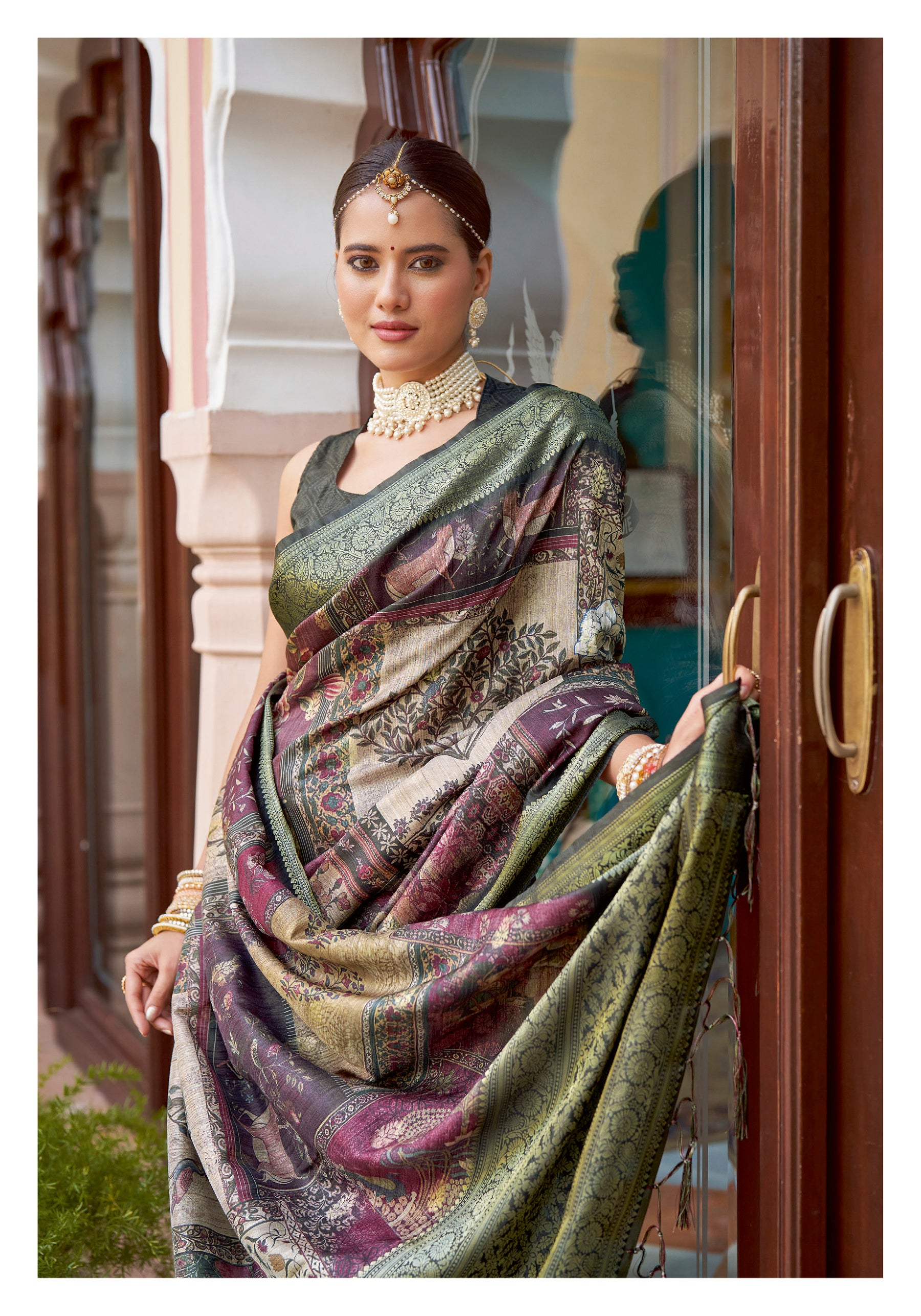 Pratiksha Women's Kalamkari Silk Kotha zari rich pallu digital Printed Saree