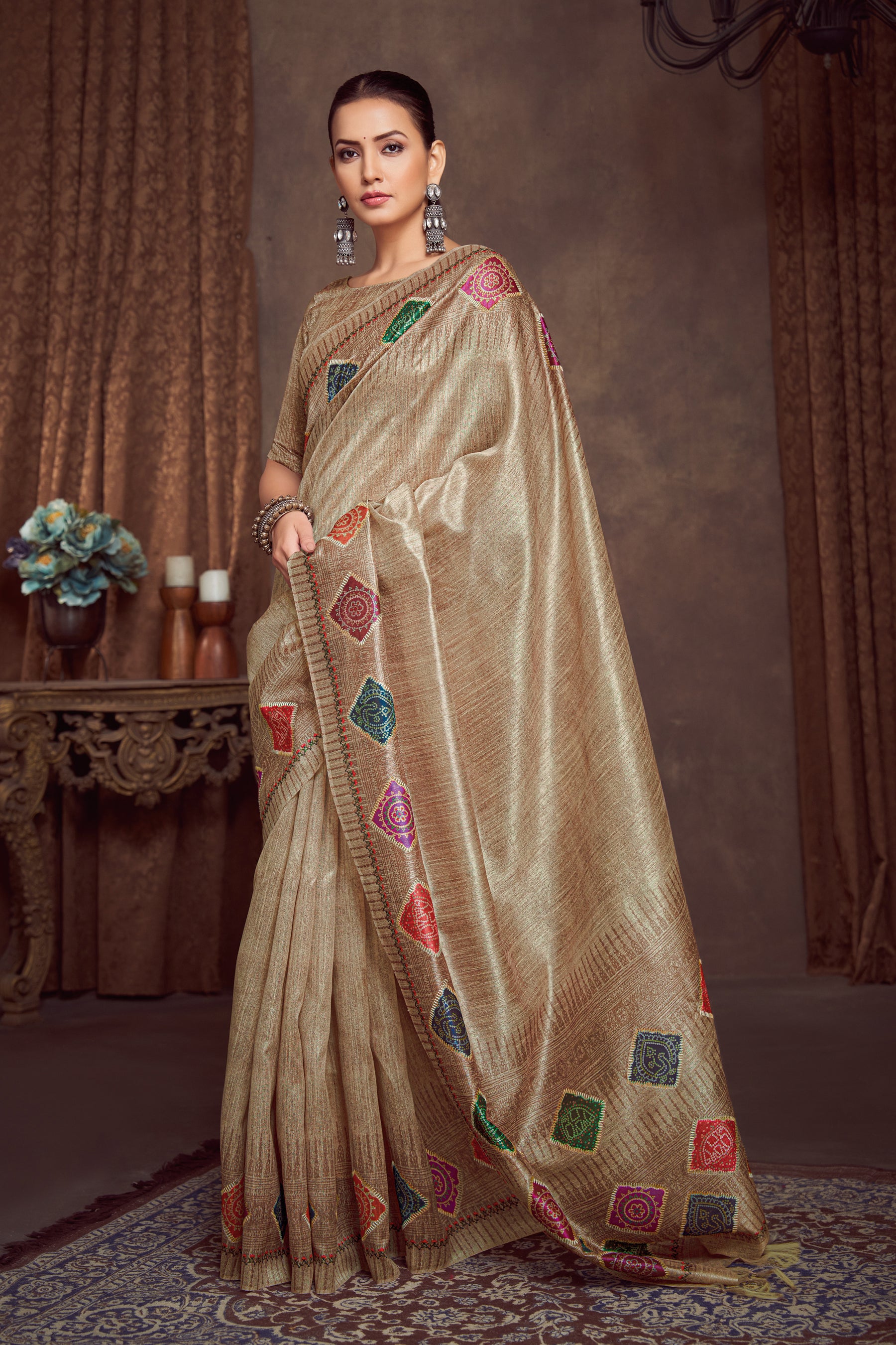 RANG TARANG-Royal Beige Gold Designer Saree with Multicolor Embroidered Ethnic Motifs