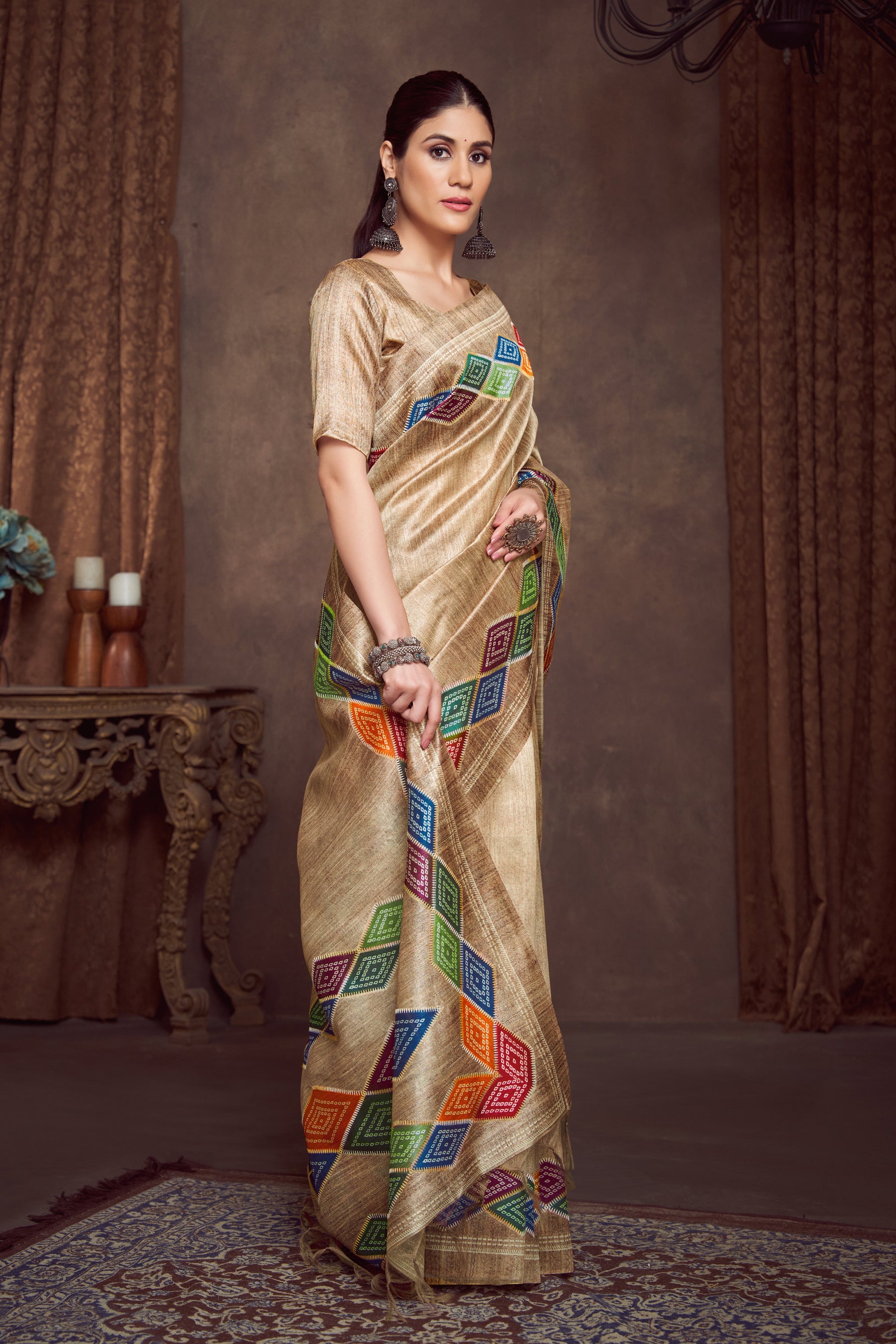 RANG TARANG-Royal Gold Designer Saree with Multicolor Geometric Embroidered Border