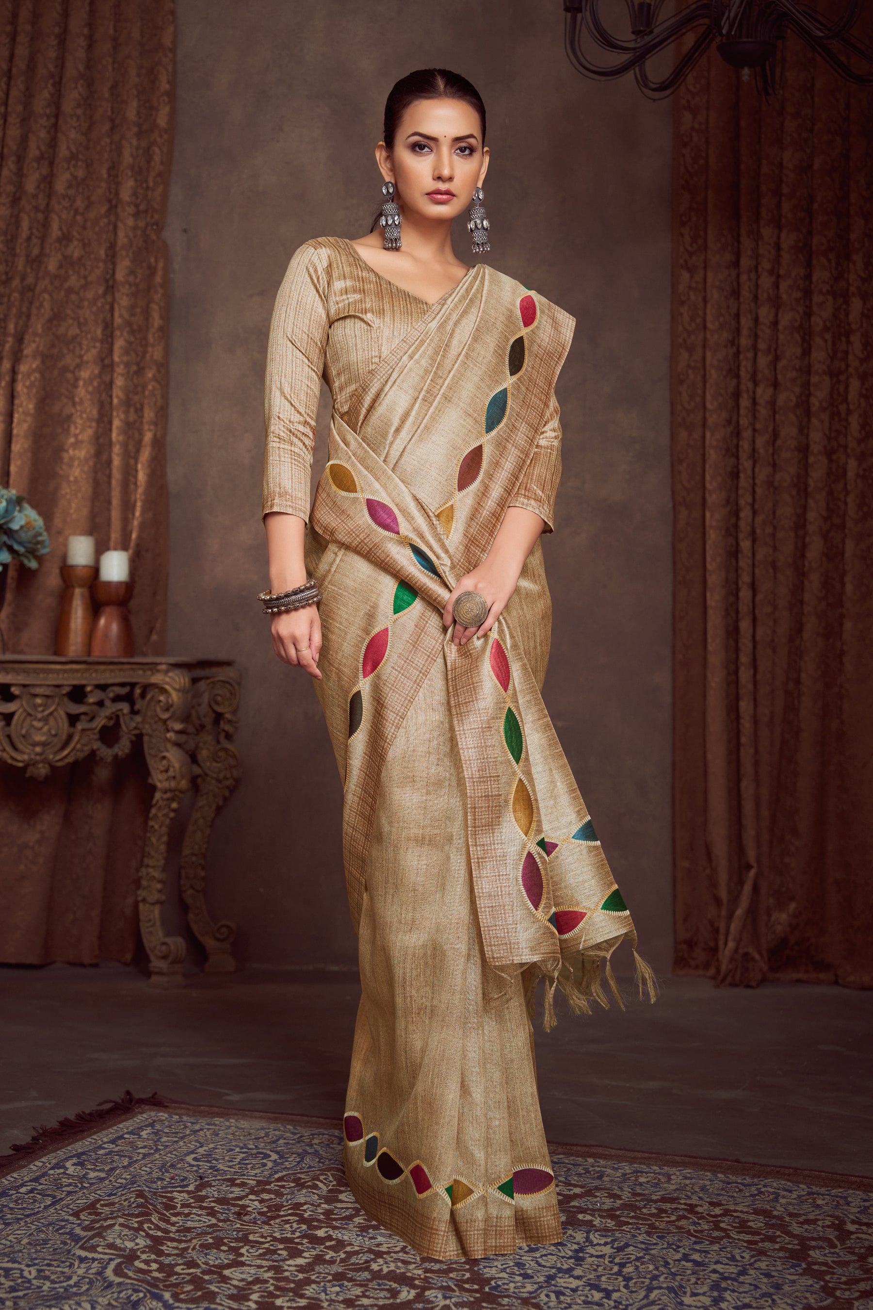 RANG TARANG-Elegant Beige Gold Designer Saree with Multicolor Leaf Pattern Border and Tassel Pallu