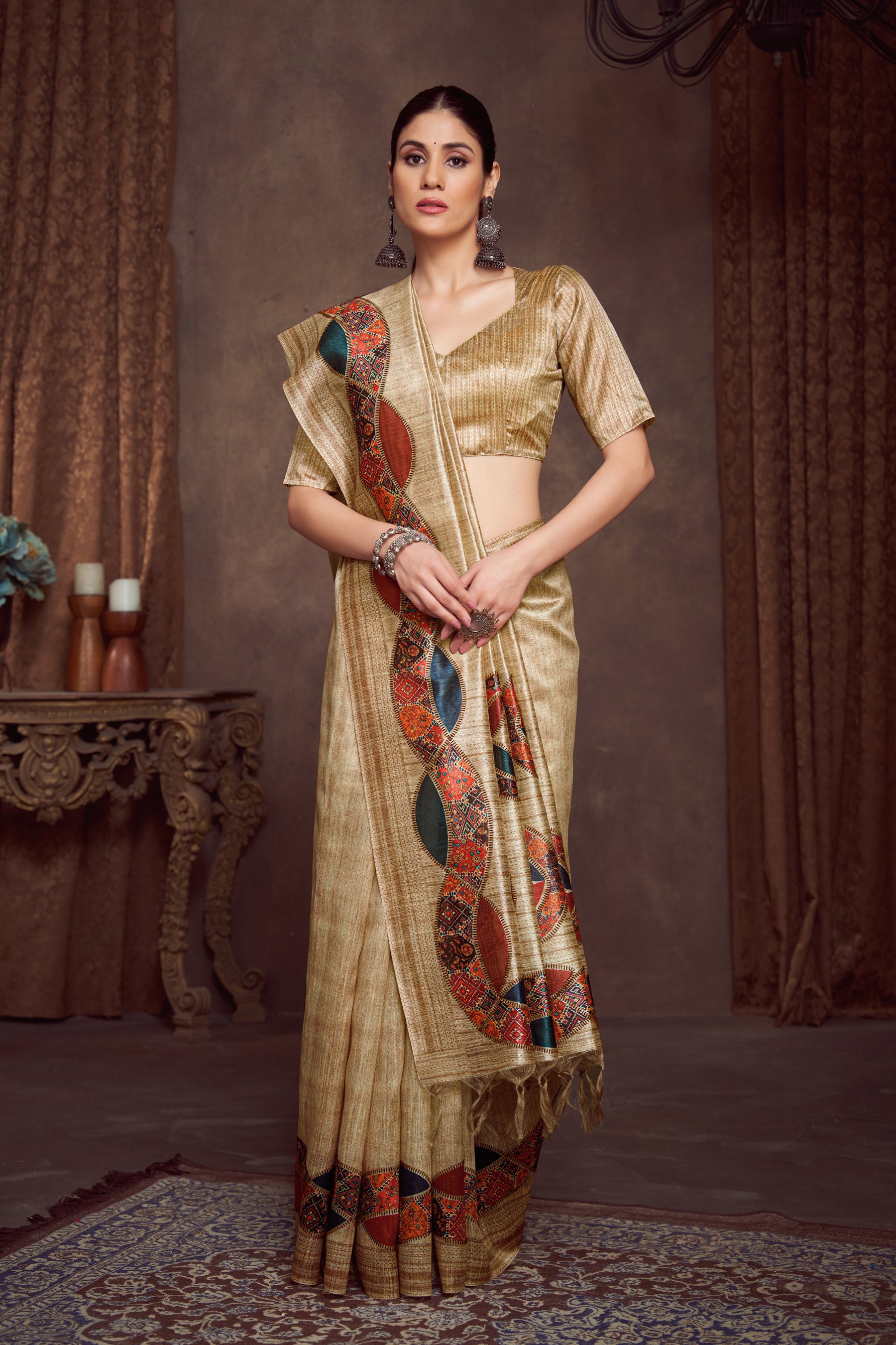 RANG TARANG-Royal Gold Designer Saree with Multicolor Ethnic Border and Tassel Pallu
