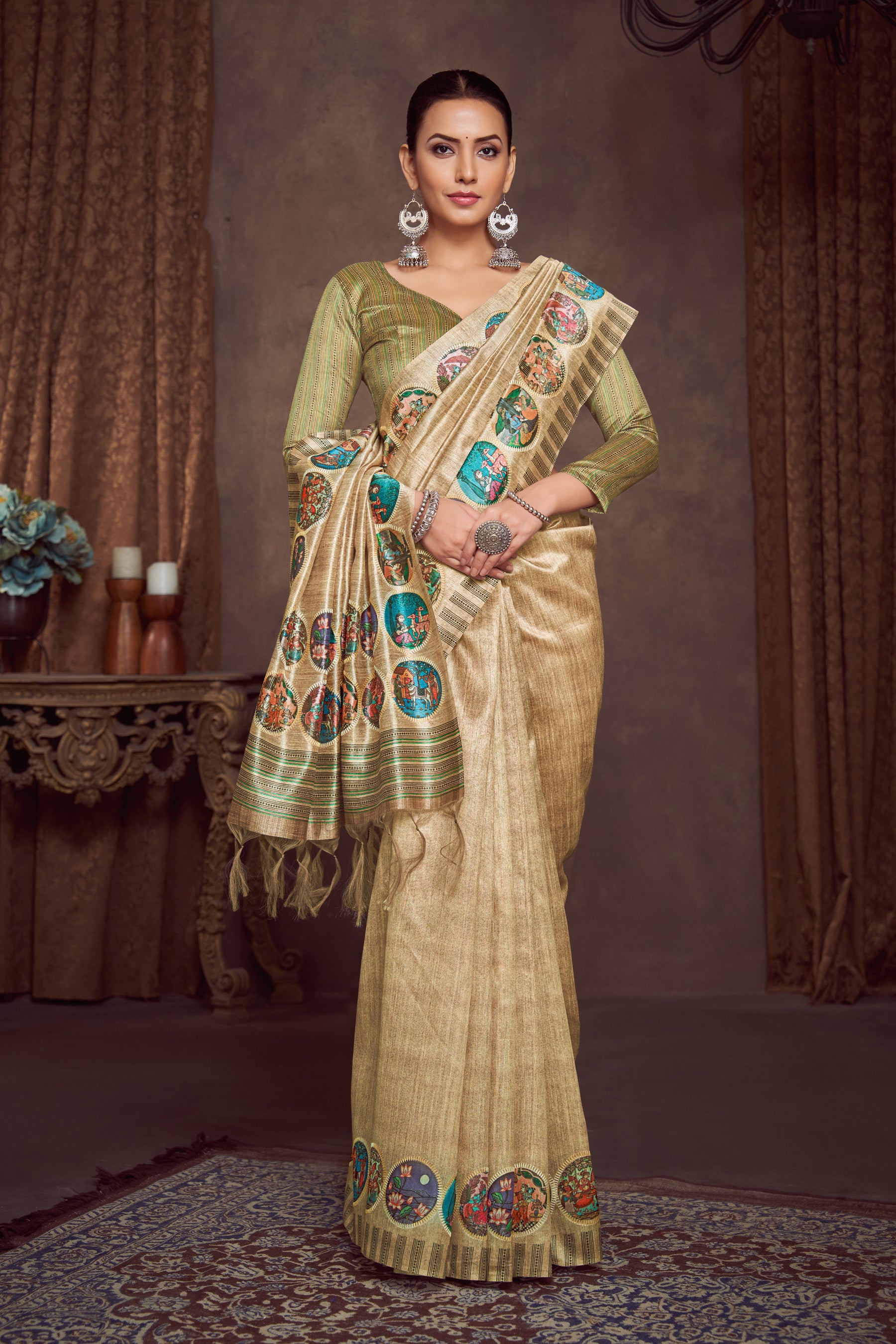 RANG TARANG-Royal Beige Gold Designer Saree with Multicolor Artistic Motif Border and Tassel Pallu