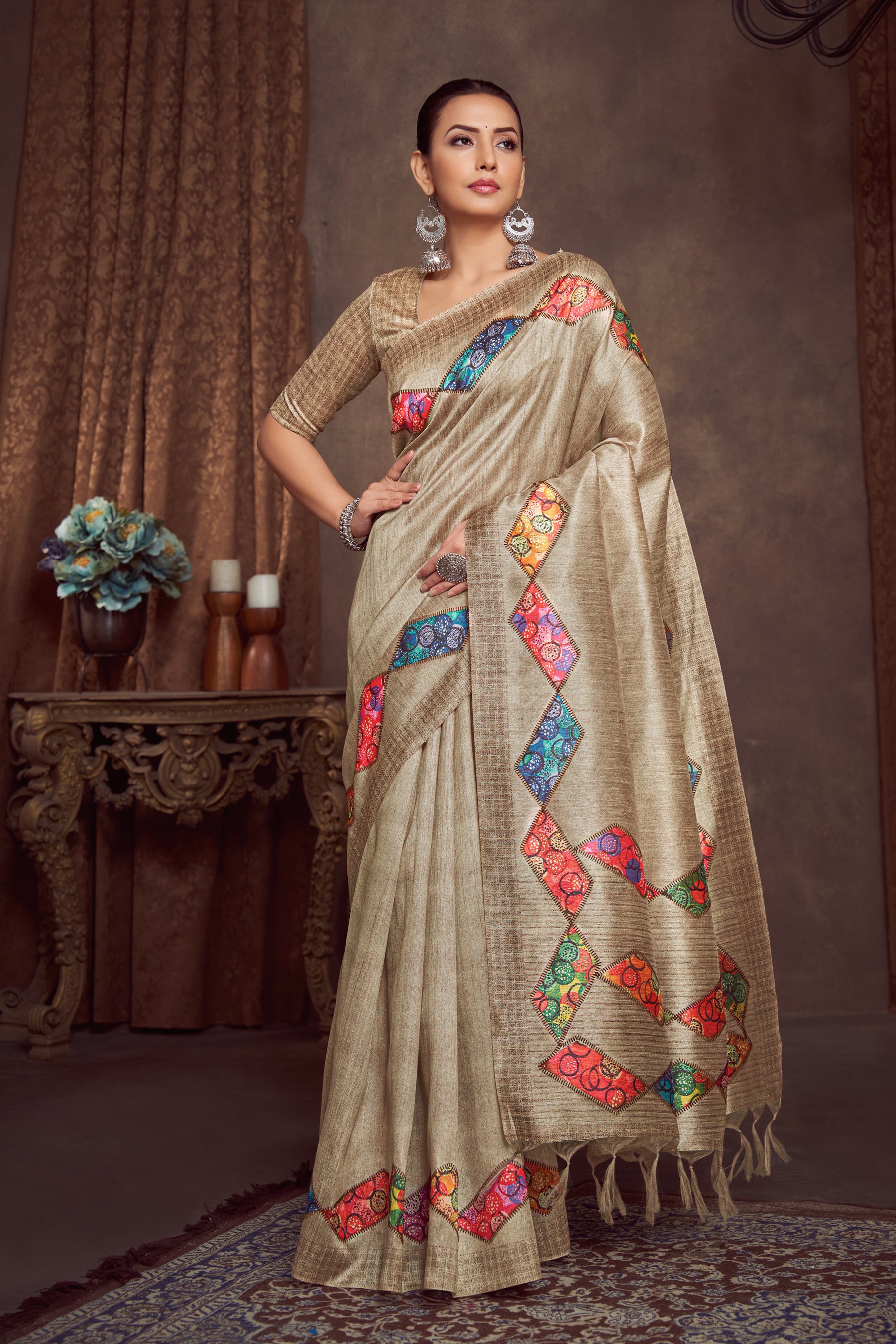 RANG TARANG-Royal Beige Gold Designer Saree with Multicolor Diamond Pattern Border and Tassel Pallu