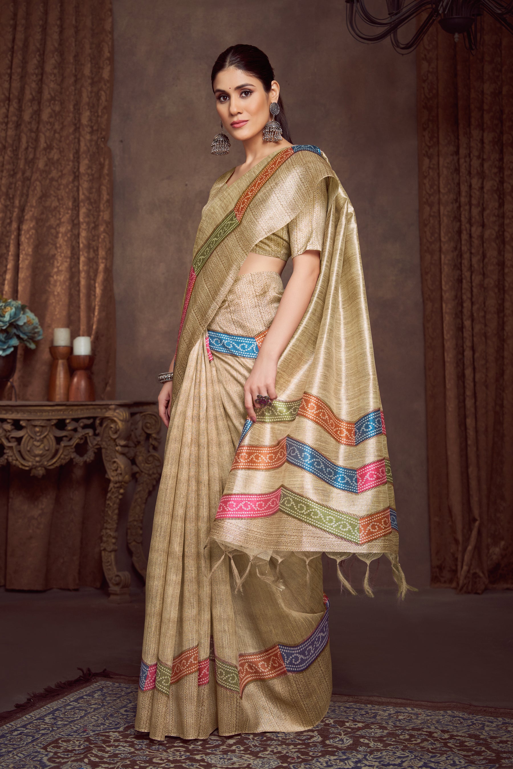 RANG TARANG-Elegant golden beige saree with vibrant multicolor woven border detailing