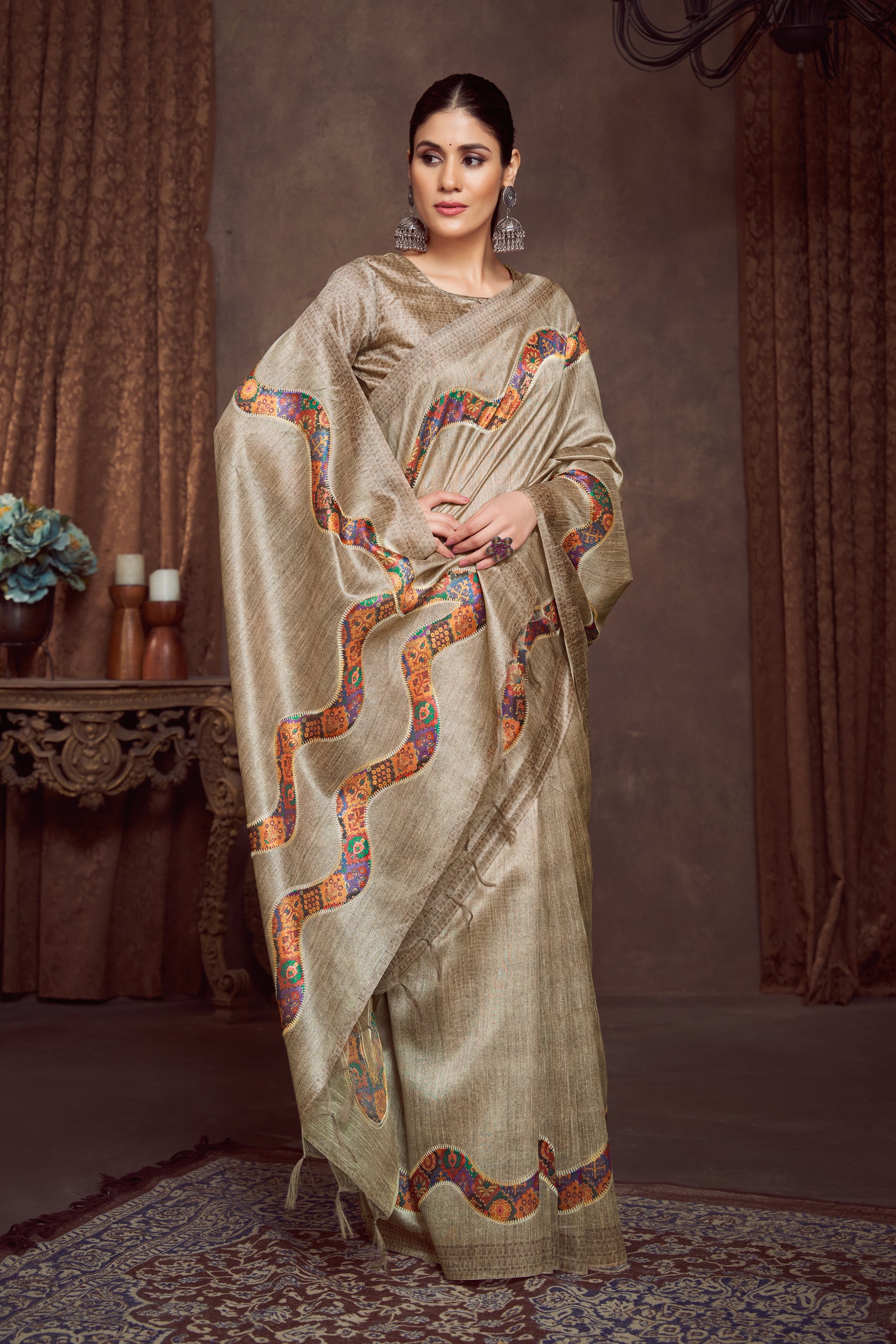RANG TARANG-Golden Beige Designer Saree with Multicolor Wave Border Work