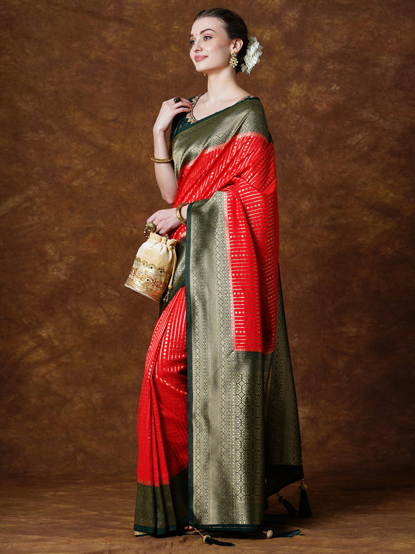 VIRGO PREMIUM Traditional Line Design Hand Banarasi Georgette with Green weaving jari border Saree - Apple Lifestyle