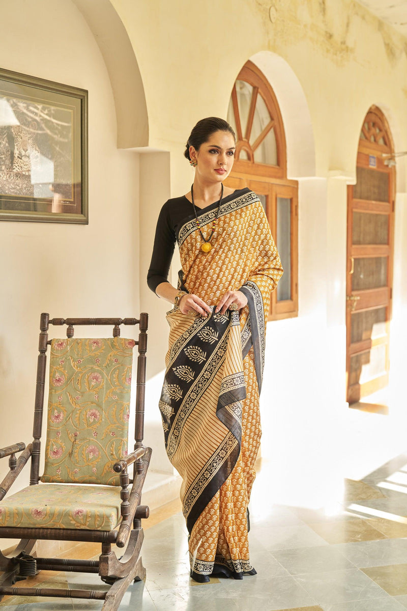 WOMANIYA Tropwear Handicrafts Women's Ikat Hand Block Print Cotton silk Saree - Apple Lifestyle