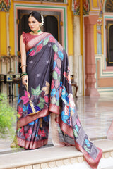 RAJGHARANA Floral Printed Handloom Silk Saree Solid Zari Border Contrast Pallu