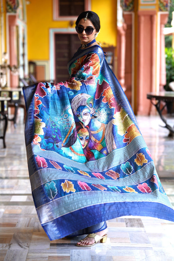 RAJGHARANA Women's Traditional Handloom Silk Digital Radha krishna rich pallu Printed saree