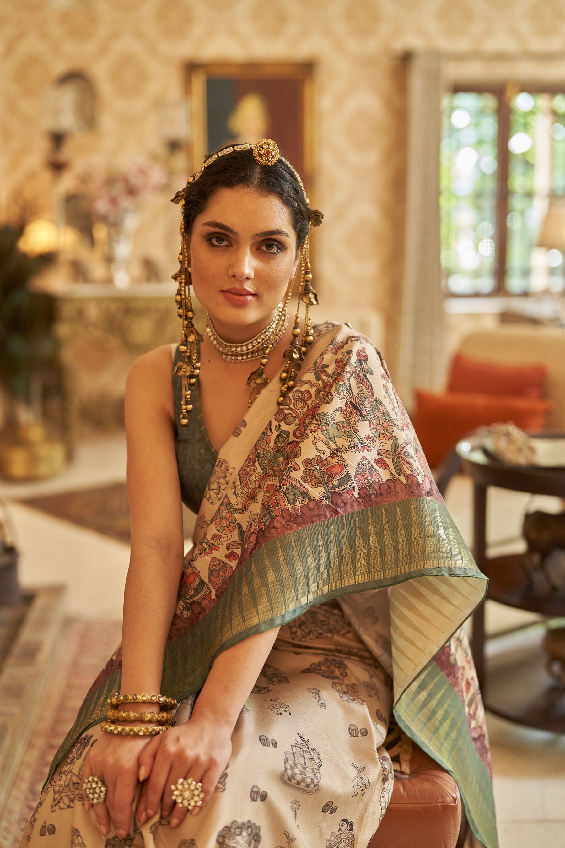 MORPANKH manipuri temple patta kalamkari printed saree