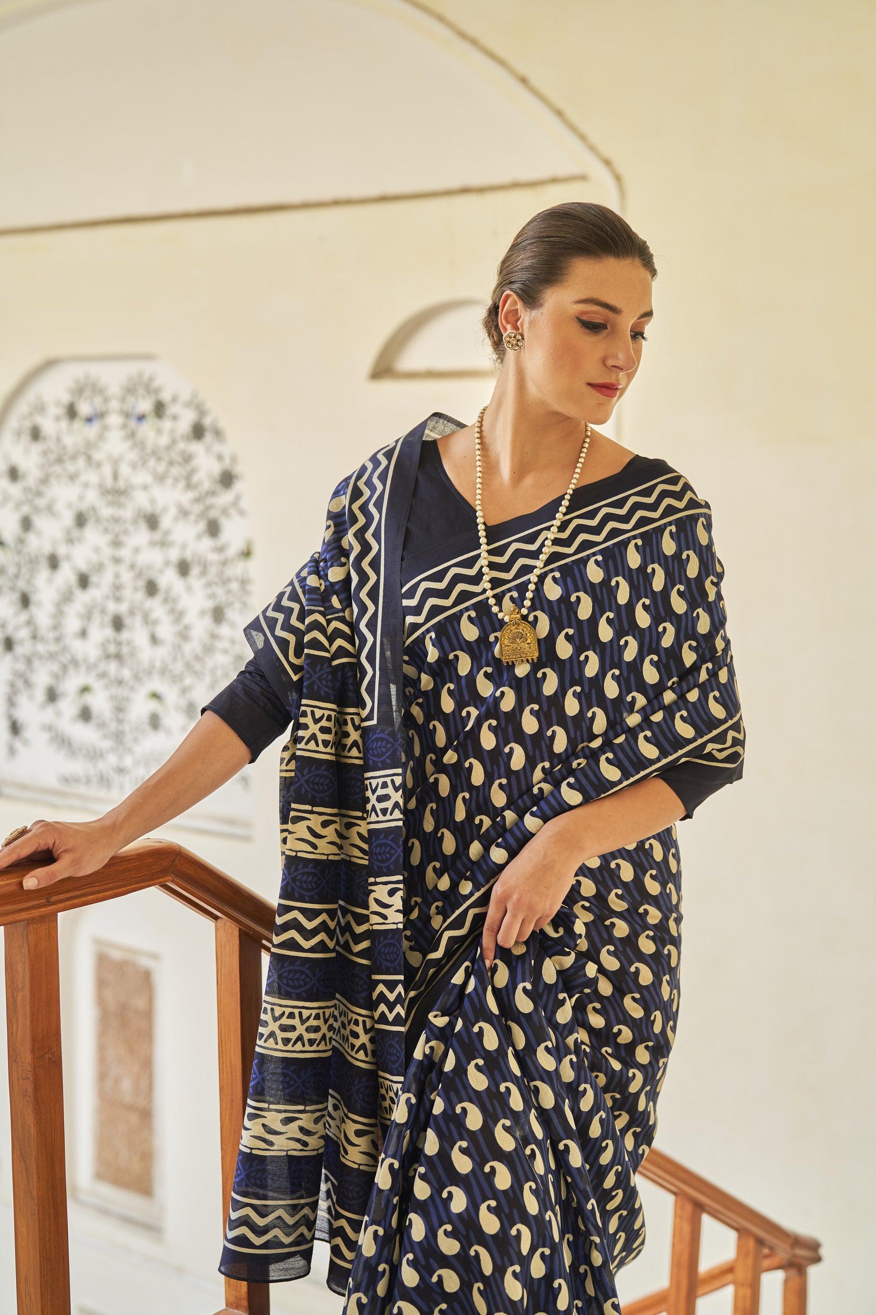 WOMANIYA Tropwear Handicrafts Women's Ikat Hand Block Print Cotton silk Saree - Apple Lifestyle
